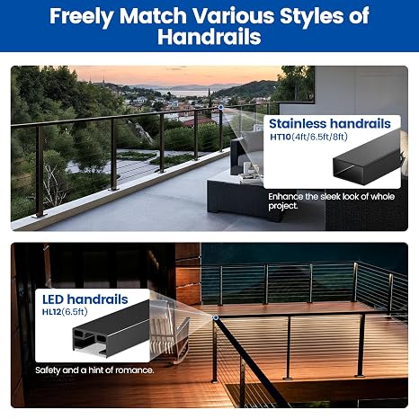 Muzata 8-12ft Modular Cable Railing Kit for Deck Surface Mount 36in RW17 | 3 Level Post Kit with Wire Rope & Cable Railing Hardware, No Handrail, Black Cable Railing System, Length Adjustable