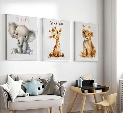 Miniatura 6 de 3 piezas de lienzo de safari para guardería, arte de pared para niños, lindo animal inspirador, león, jirafa, elefante, pintura, imagen, decoración