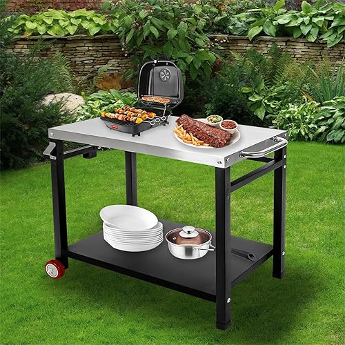 Miniatura 6 de Carrito de parrilla para horno de pizza al aire libre, mesa de comedor con ganchos para ruedas y mango lateral, mesa de cocina móvil al aire libre