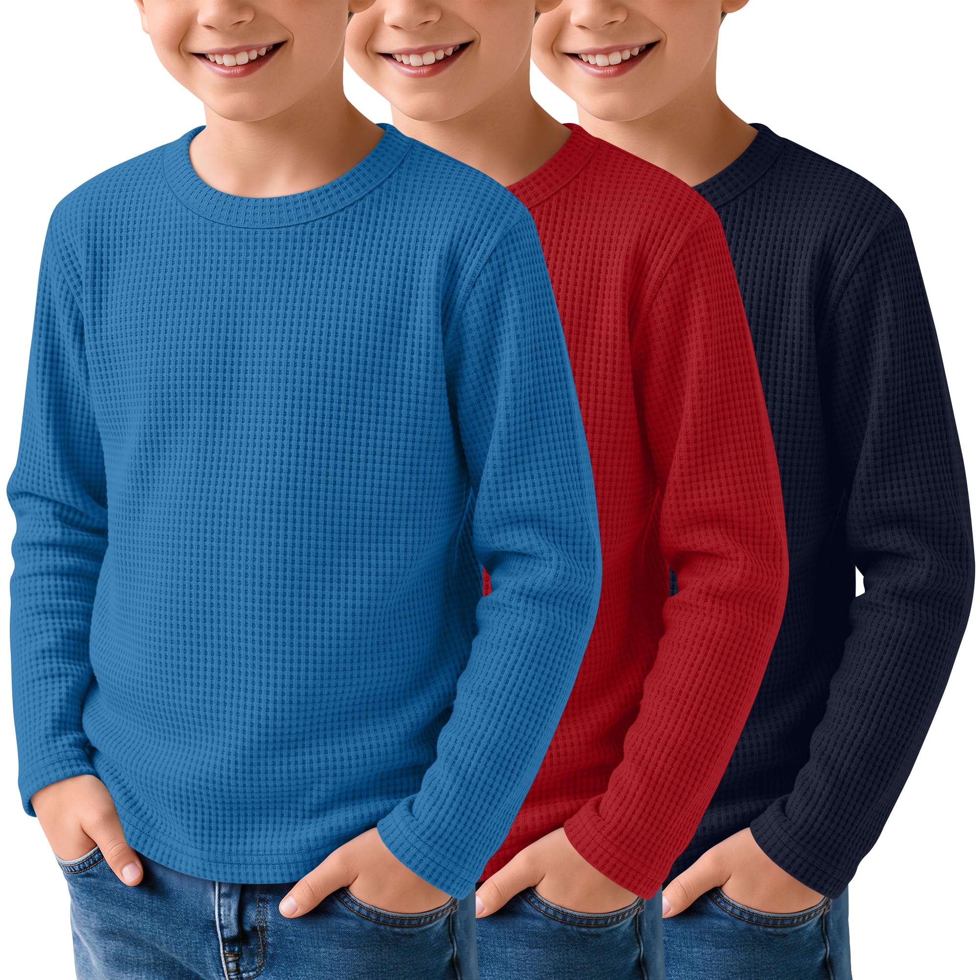 3 Pack Boys Waffle Shirts Kid Long Sleeve Warm Tops