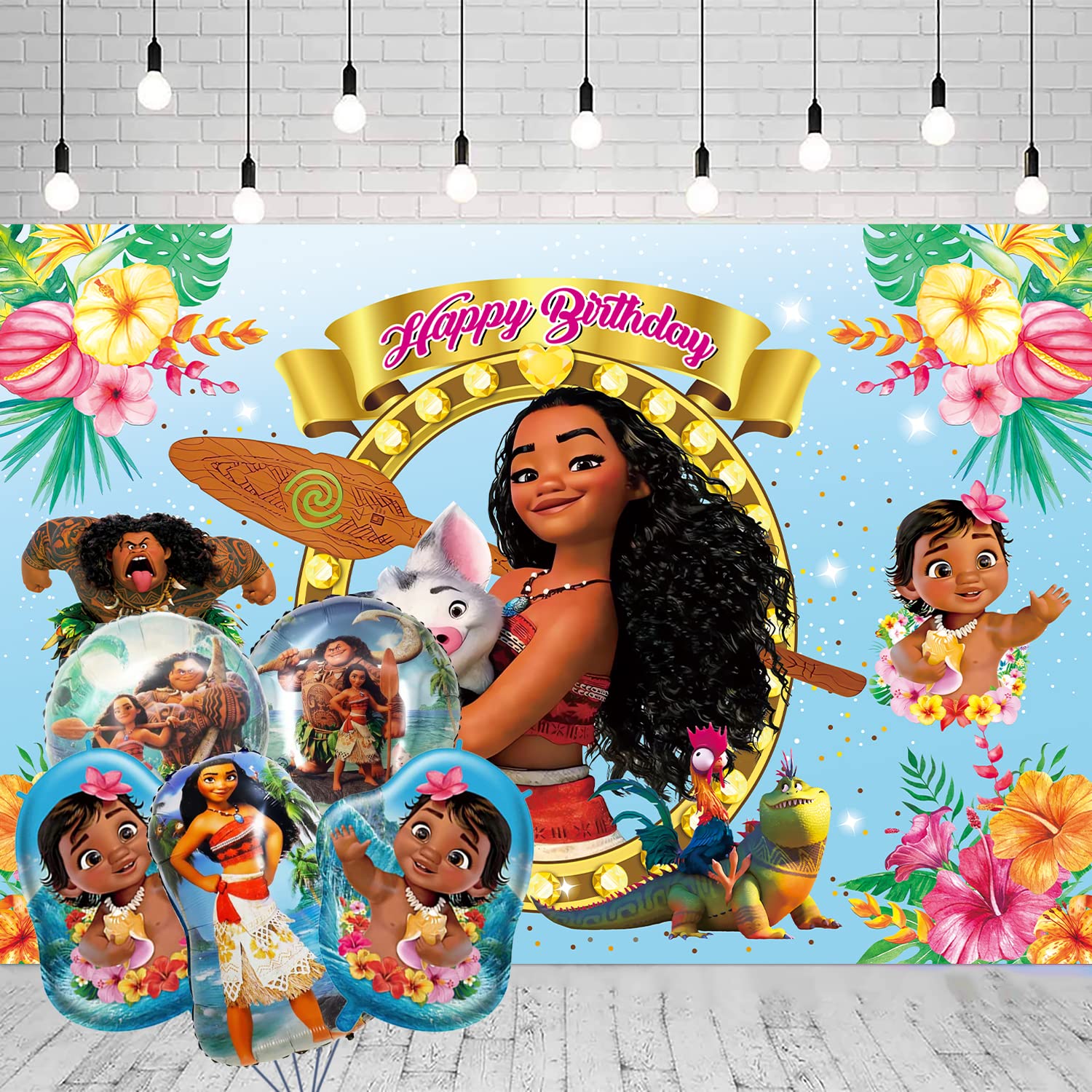 Moana Birthday Party Decorations - Moana Birthday Backdrop (5 x 3ft) and 5Pcs Moana Foil Balloons