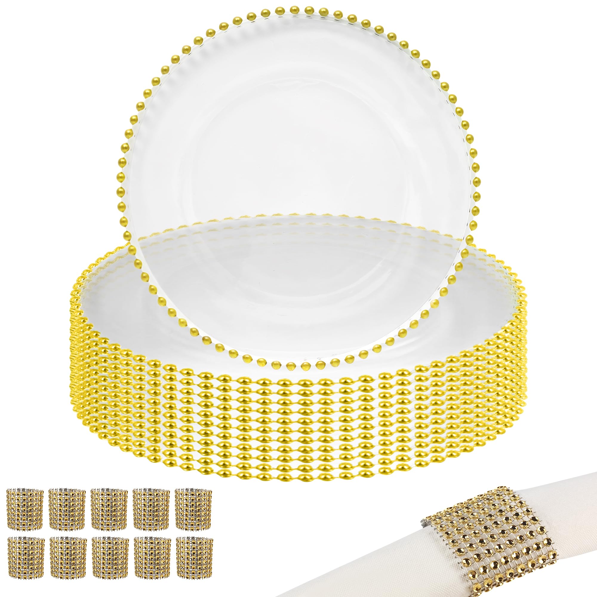 Elegante juego de platos de cristal transparente y servilleteros dorados, 10 piezas, diseño de cuentas, platos de 33 cm para bodas, cenas, fiestas y eventos, mesa reutilizable y manteles individuales