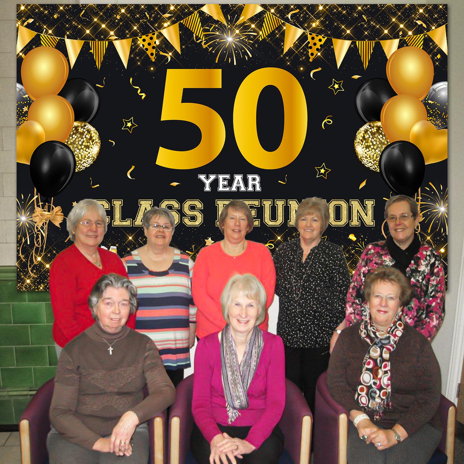 50 Year Class Reunion Backdrop - Black and Gold 50th School Class Reunion Decorations, Photography Background for Class of 1974 High School Reunion Welcome Back Party