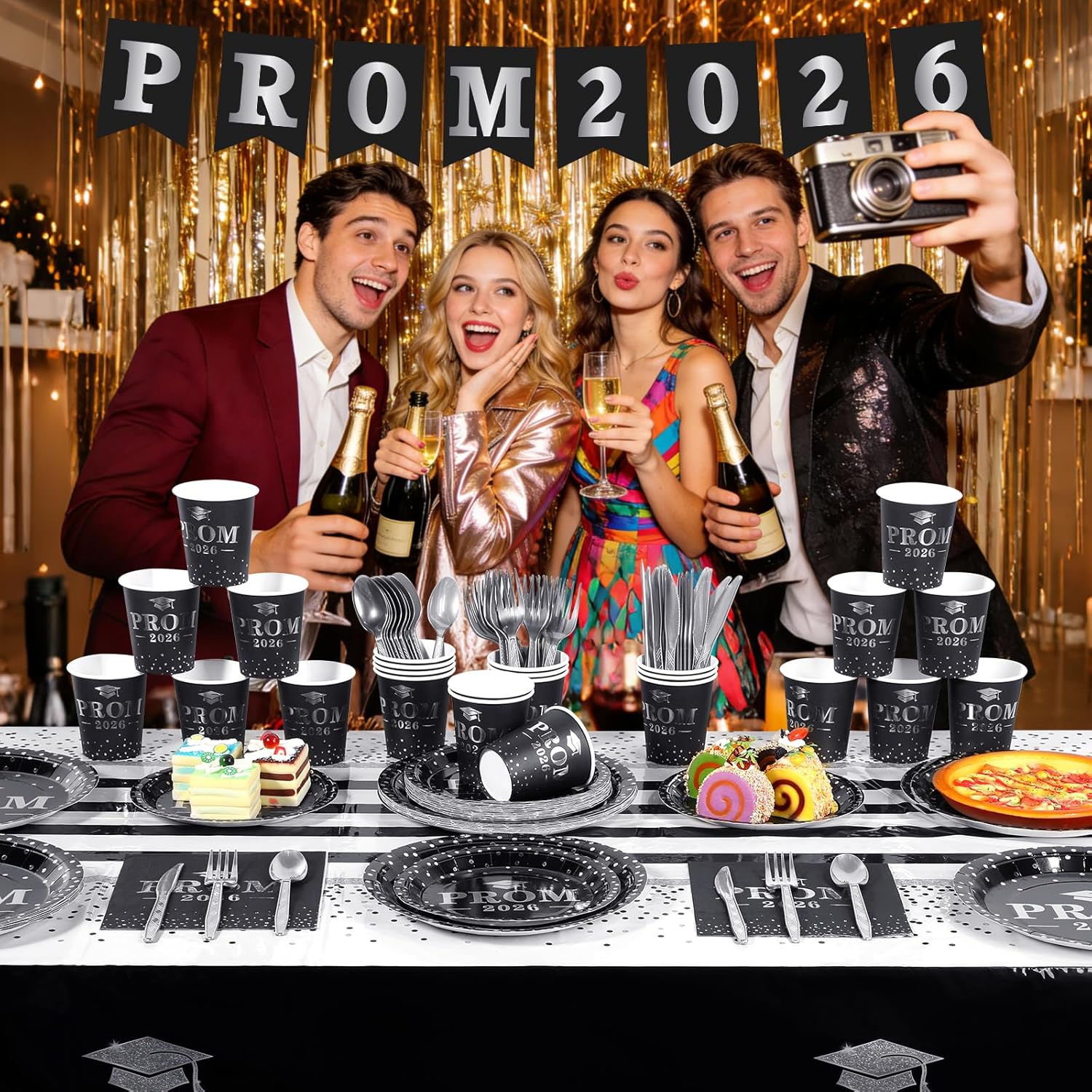 178 Pcs Prom Send off 2026 Plates and Napkins Serve 25, Disposable Paper Plates Napkins Set Banner Plastic Tablecloth Cups Knives Spoon for Class of 2026 Graduation Party Decorations Black and Silver