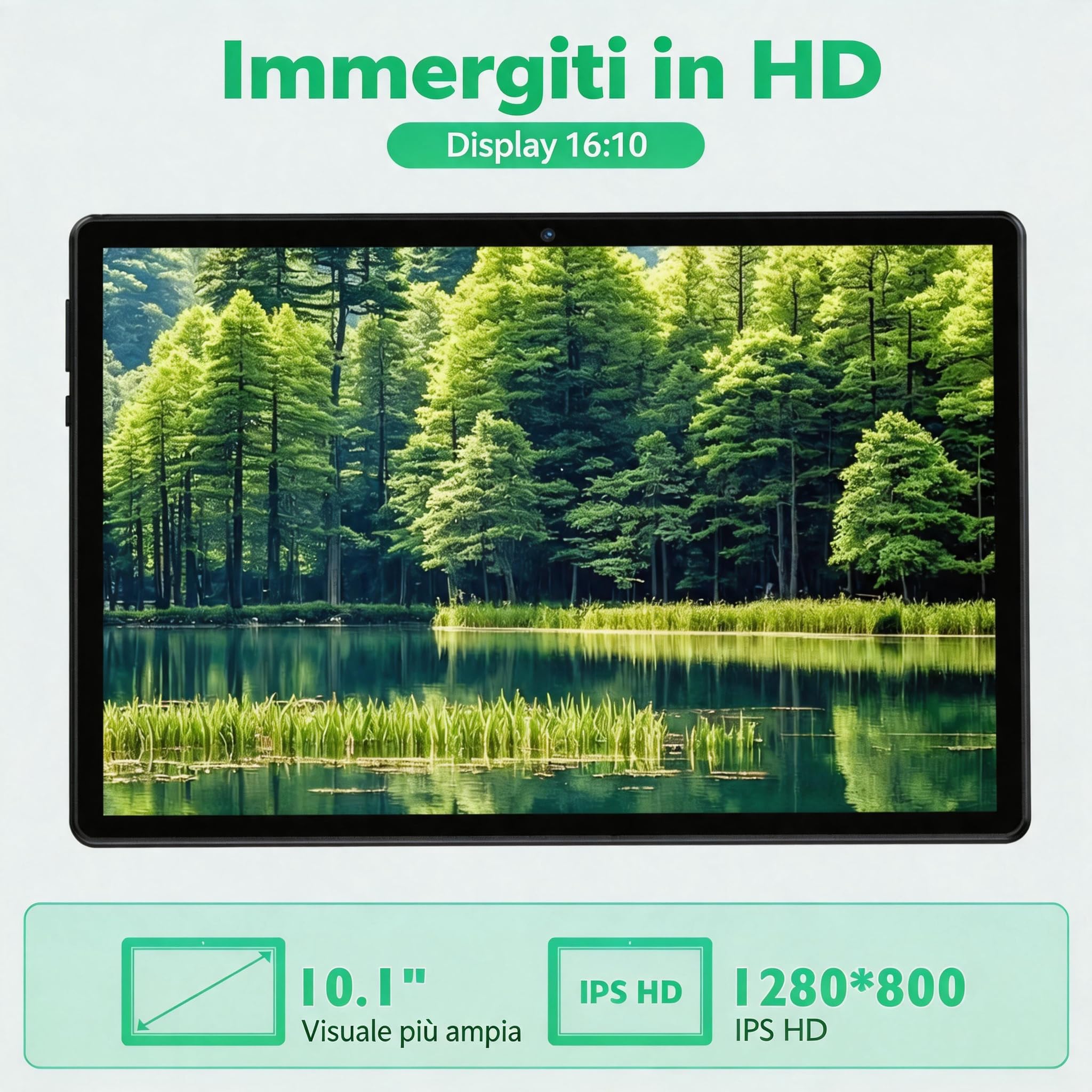 Tablet Android da 10", Android 15, 18 GB di RAM + 128 GB di memoria (fino a 1 TB espandibile), display IPS 1280 × 800, processore Octa-Core, batteria 6000 mAh