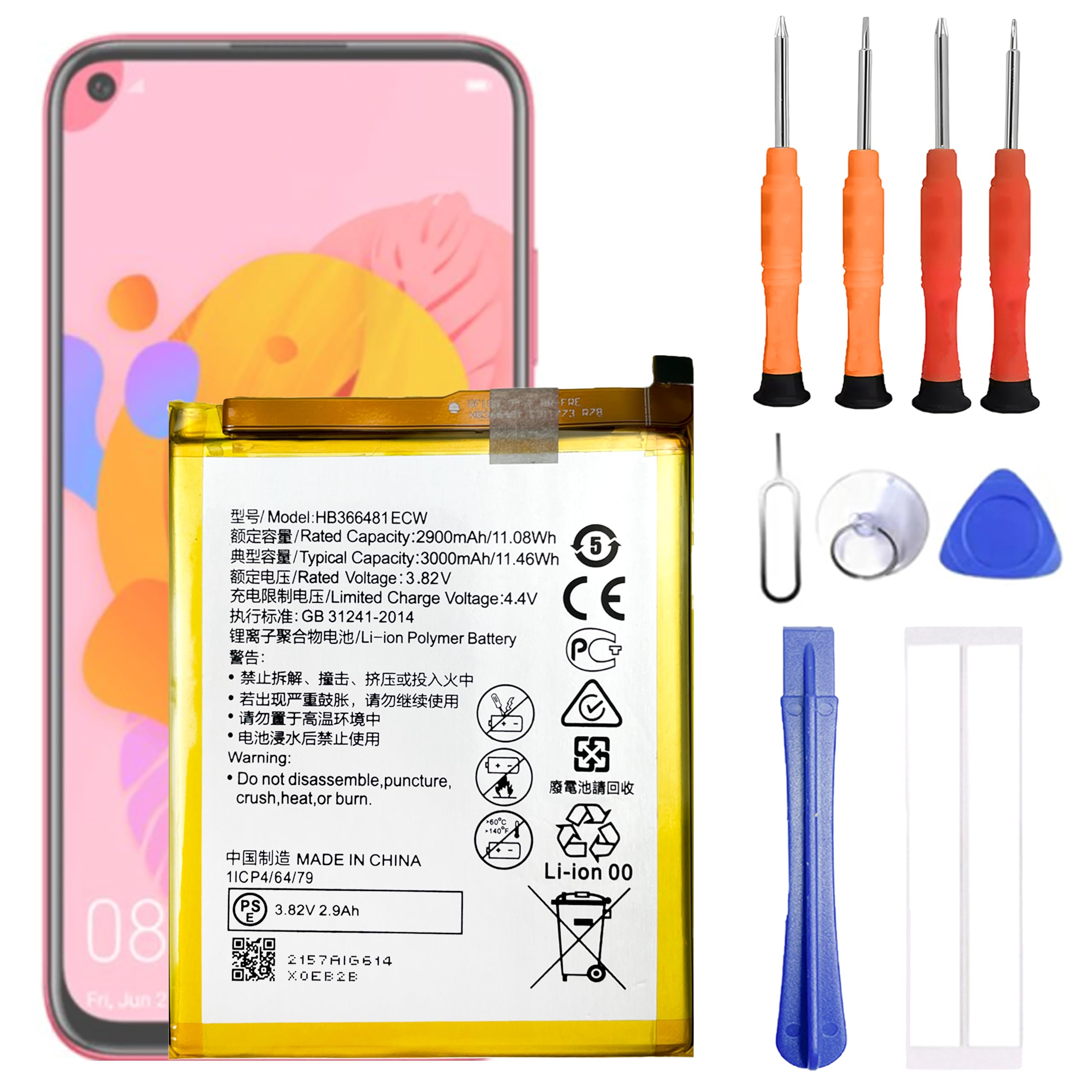 HB366481ECW Batterie de rechange avec kit d'outils de réparation Compatible avec Huawei P8 Lite 2017 & P9 & P9 Lite & P10 Lite & P20 Lite & Honor 6C Pro & Honor 5C & Honor 9 Lite & P Smart