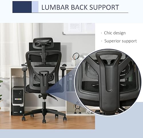 Miniatura 7 de Vinsetto Silla ergonómica de oficina en casa con respaldo alto, silla de trabajo de malla con soporte lumbar para espalda, función reclinable,