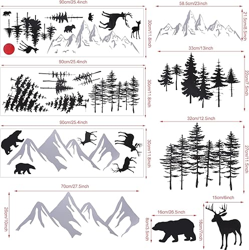 Miniatura 3 de 3 hojas de calcomanías de pared de oso de bosque de montaña, calcomanías de pared de pinos, árboles de bosque, calcomanías de pared de ciervos y