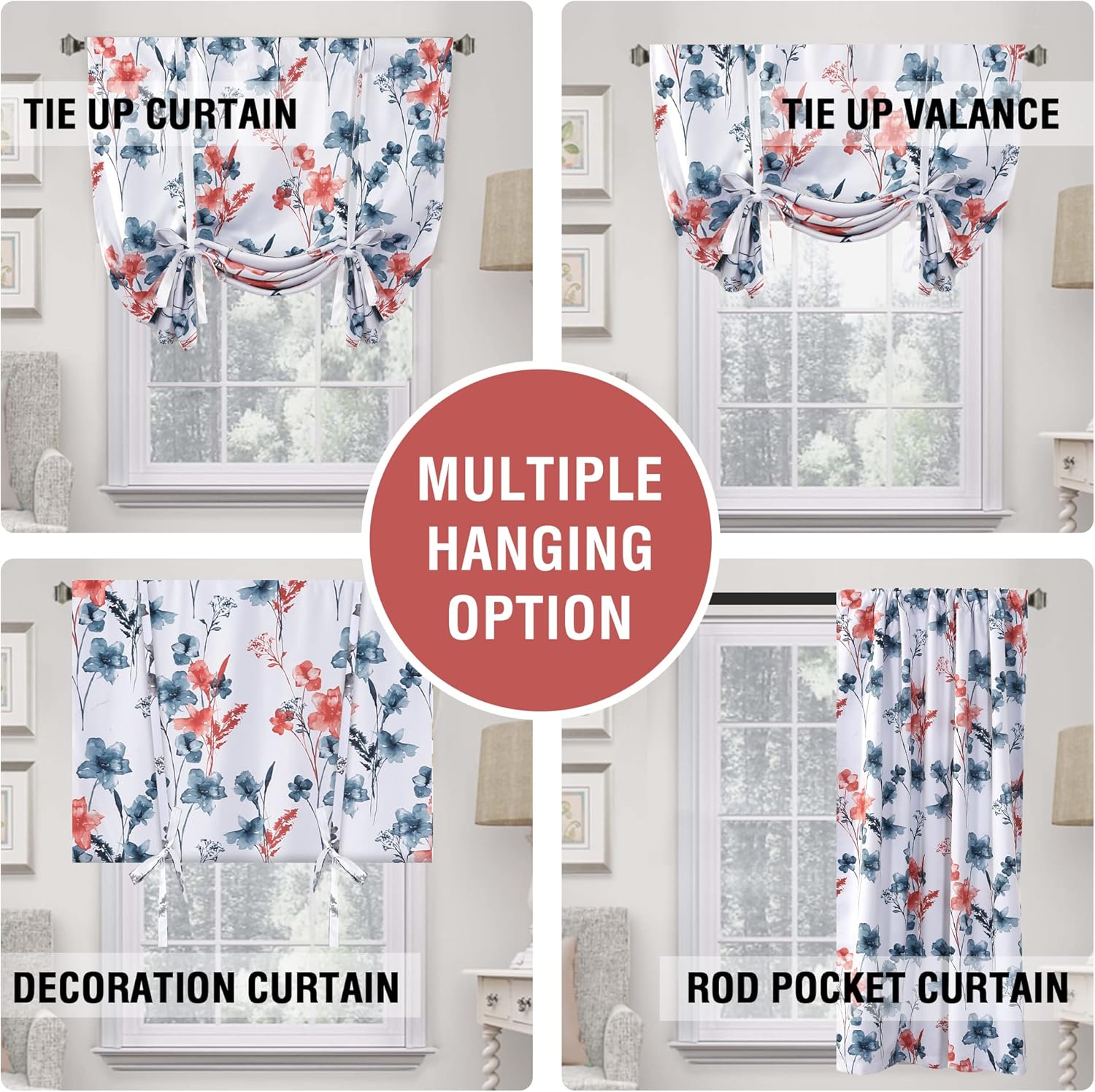 H.VERSAILTEX 100% Blackout Tie Up Curtains Thermal Insulated Short Window Shade Floral Printed Rod Pocket Panel- 42" Wide by 45" Long - Floral Pattern in Stone Blue and Coral