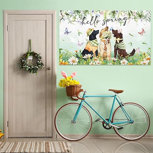 Miniatura 7 de Moukeren Fondo de decoración de primavera con texto en inglés Hello Spring para perros y perros, pancarta floral de poliéster para fotografía de