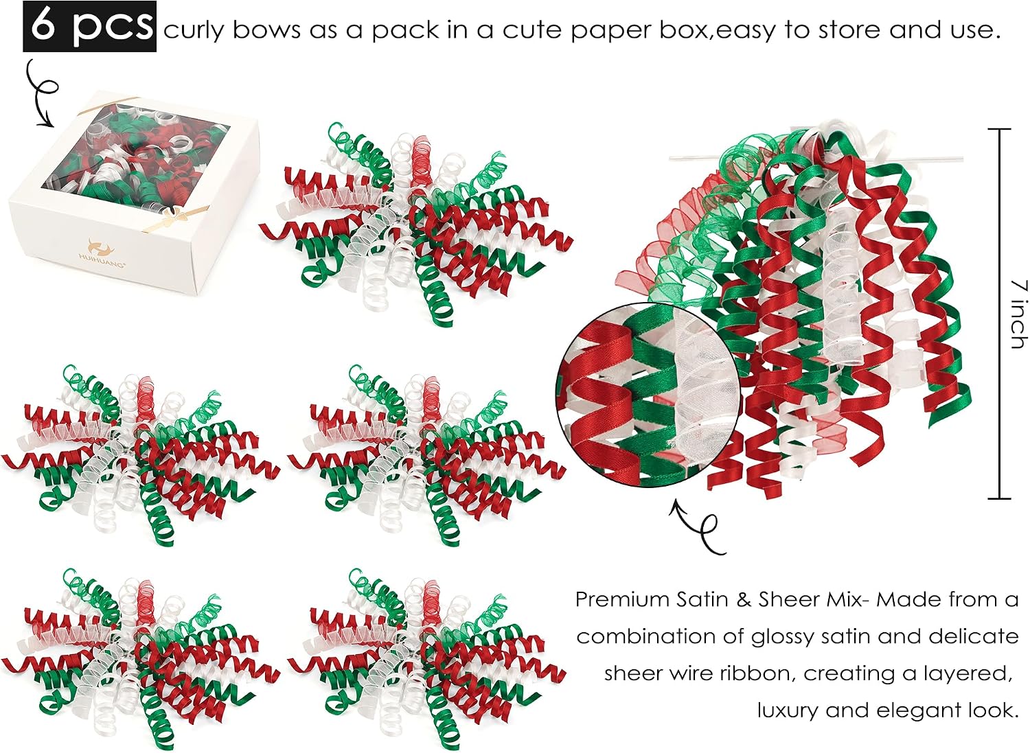HUIHUANG Christmas Bows for Gift Wrapping Red/White/Green Curly Bows with Self Adhesive & Twist Tie, 7 inch X-mas Ribbon Bow for Presents, Gift Basket, Fall Decor, Party Favors- 6 Counts image 3