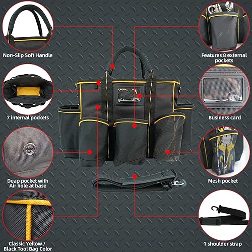 Miniatura 3 de MELOTOUGH Bolsa de suministro de 14 pulgadas Bolsa de herramientas con parte superior abierta Bolsa organizadora de herramientas con correa para el