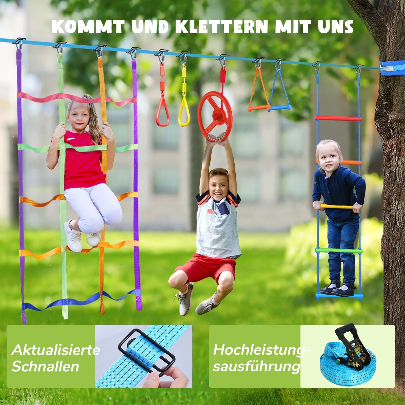 Hapfan 15M Ninja Slackline Kinder Nestschaukel Outdoor Set mit Seilrolle, Ninja Warrior Parcours Kinder mit 10 Hindernissen, Klettergerüst, Kletternetz, Kletterleiter Gym Ring Baumschutz (Bunt)