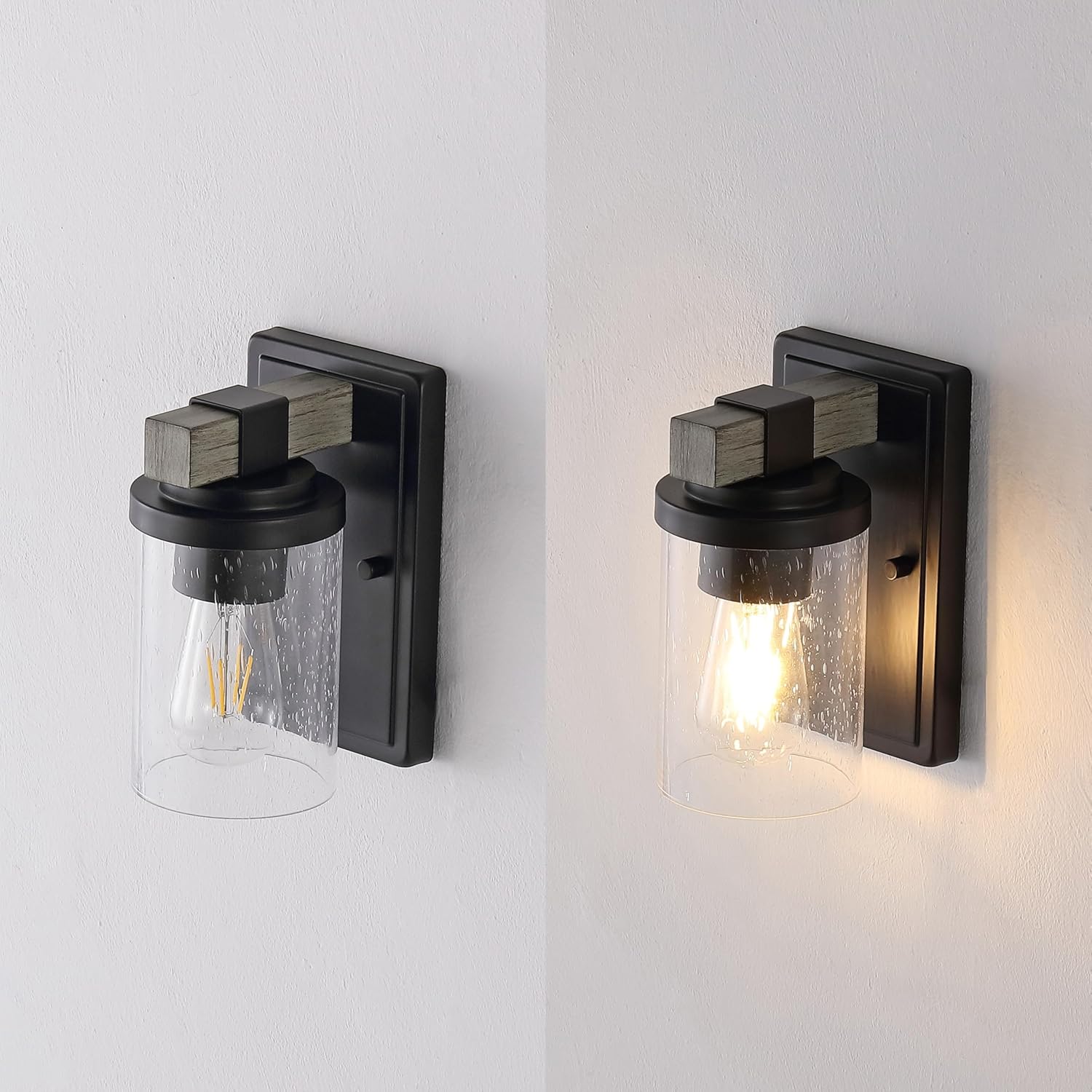 JONATHAN Y 4.5" Black/Gray Oak Wood Finish 1-Light LED Vanity Light, Rustic Farmhouse Sconce, Clear Seeded Glass Shade, Industrial Wall Lamp for Bathroom Mirror, Kitchen Sink, LED Bulb (JYL7507B)