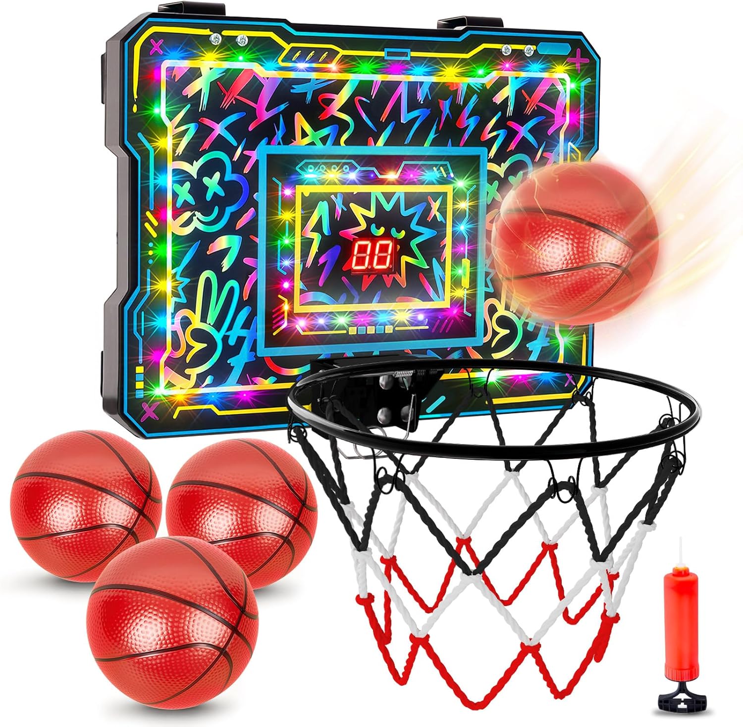 Indoor Mini Basketball Hoop, Over The Door Basketball Hoop with LED Lights/Scoreboard/4 Balls, Upgraded Reinforced Backboard Frame, Basket Ball Toys Gift for Kids Ages 3-5-12+ Boys Girls