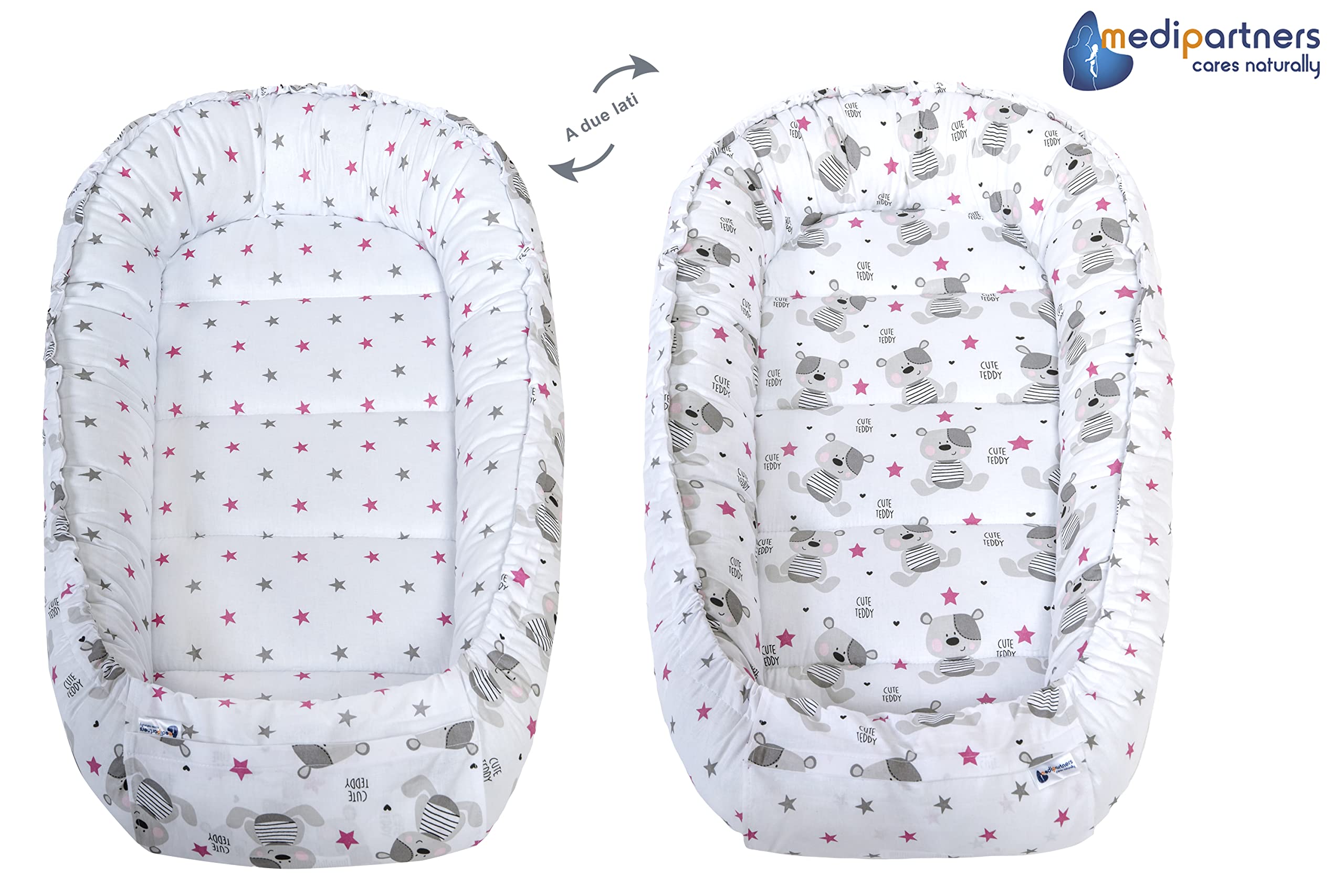 Medi Partners 5-Parti Nido per Bebè 100x60x15 Inserto Rimovibile Letto Cuscino Coperta bambini neonati 100% Cotone (Teddy con Minky rosa scuro)