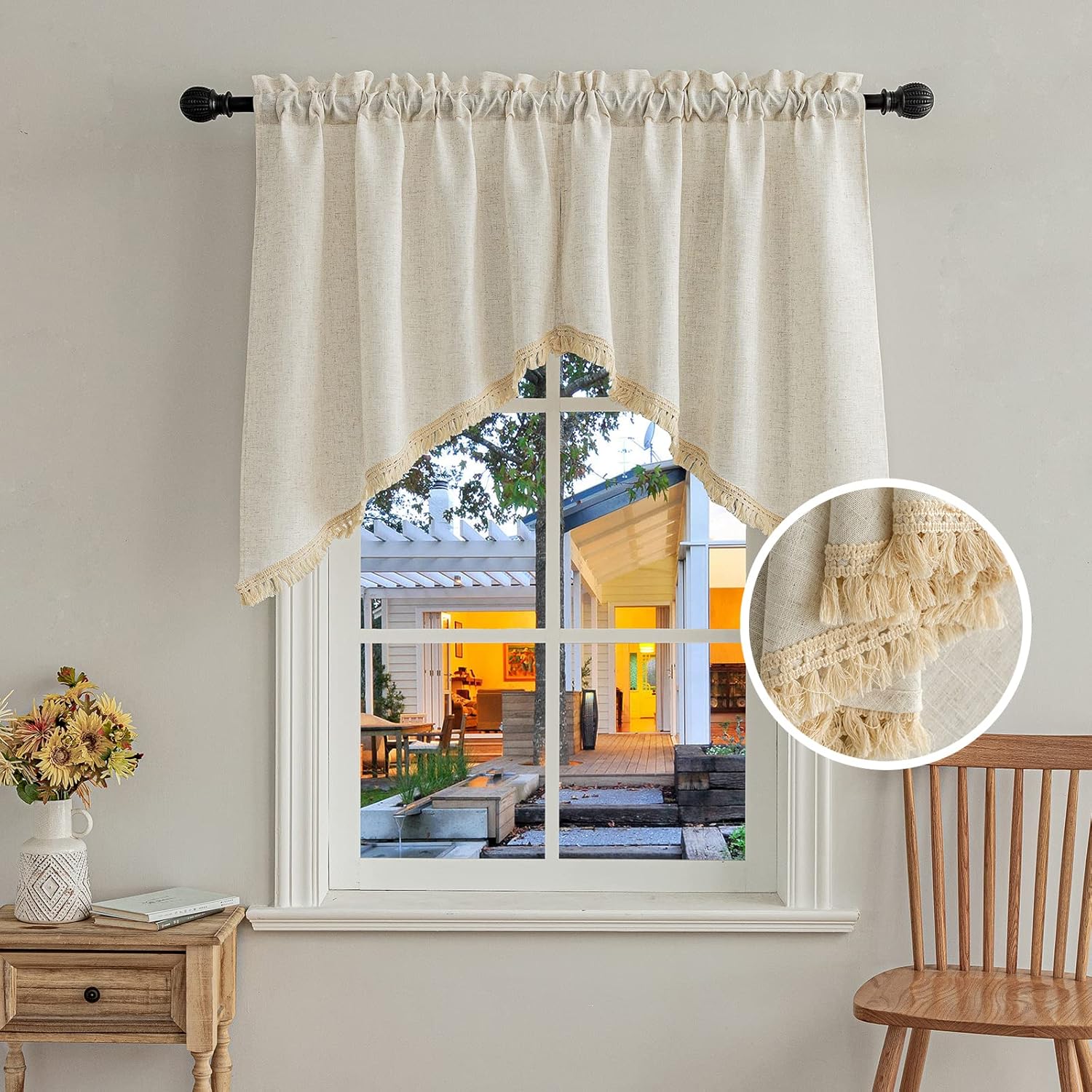 Beda Home-Tassel-Linen-Textured-Swag-Curtains for-Farmhouses’ Kitchen;-Light-Filtering-Rustic-Country-Style-Short-Swag-Topper for-Small-Windows-Privacy-Added-Rod-Pocket-Design (-Nature 36x36-2PCs)