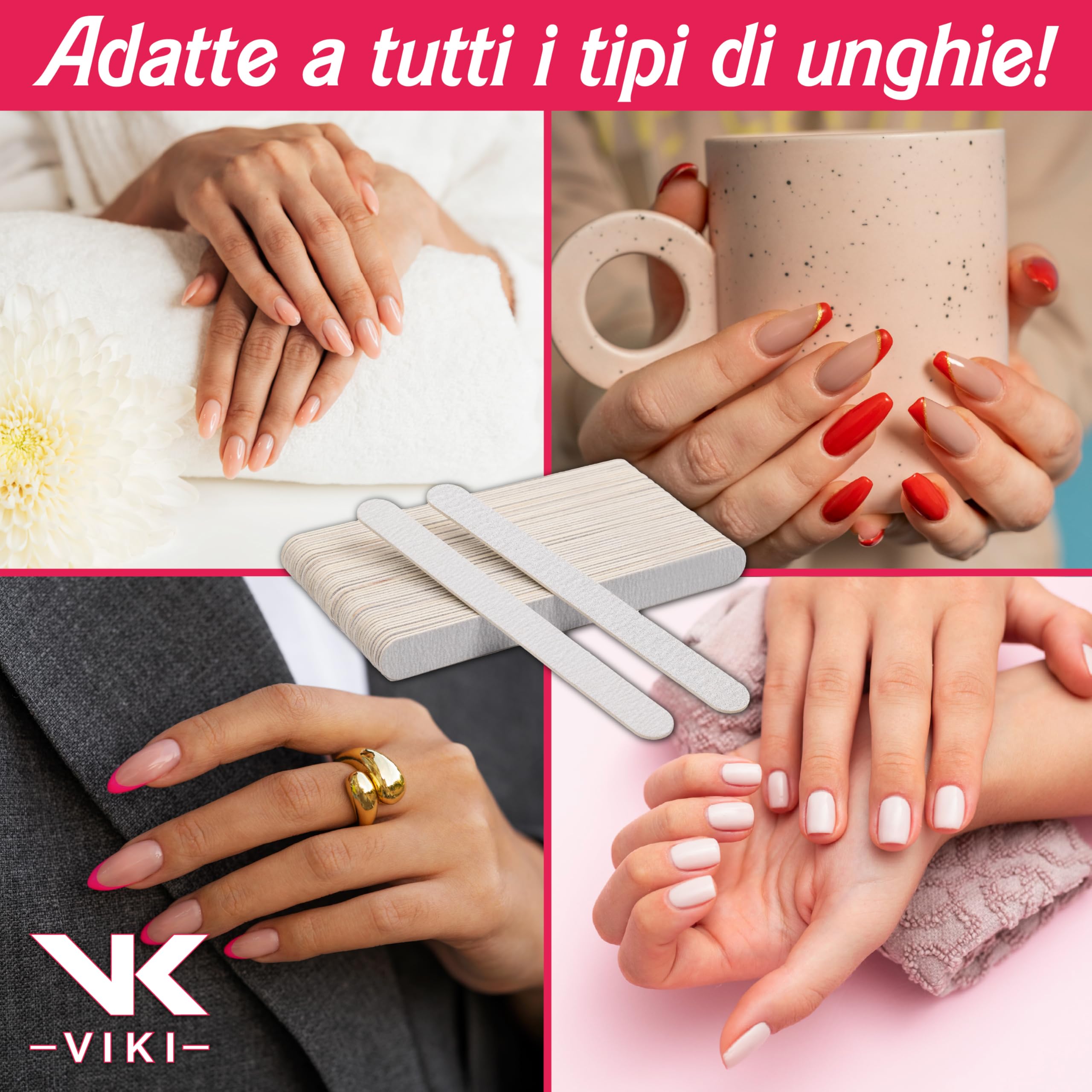 VIKI Set 100 Lima Unghie Professionale 100/180 Doppia Grana, Lime Unghie per Manicure e Pedicure, Unghie Naturali, Gel, Acrilico e Semipermanente, Lime Delicate e Resistenti ideale per centri estetici