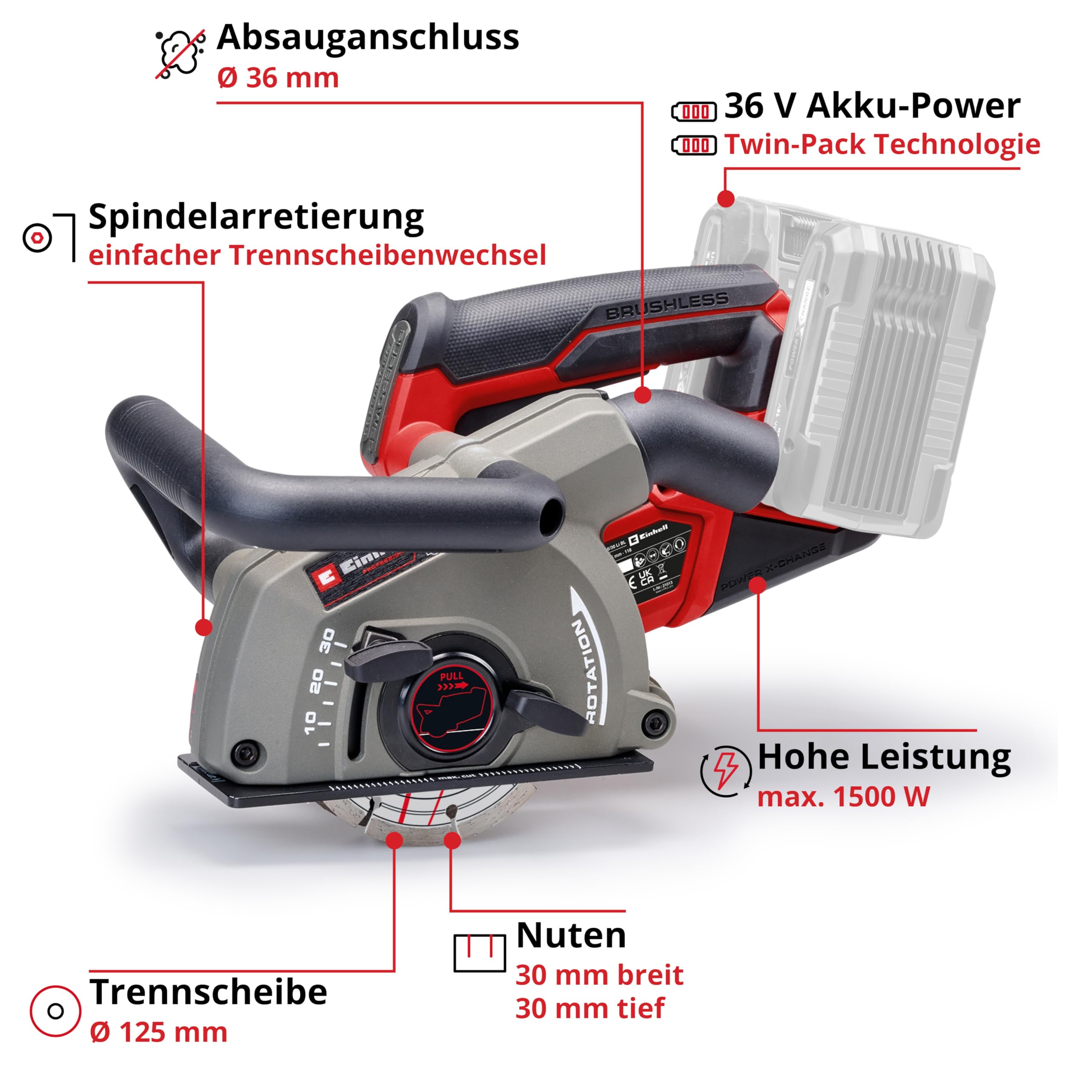 Einhell Professional Akku-Mauernutfräse TP-MA 36/30 Li BL - Solo Power X-Change (36 V, 1500 W, Schnittbreite bis 30 mm, Schnitttiefe bis 30 mm, inkl. 2x Diamant-Trennscheiben)