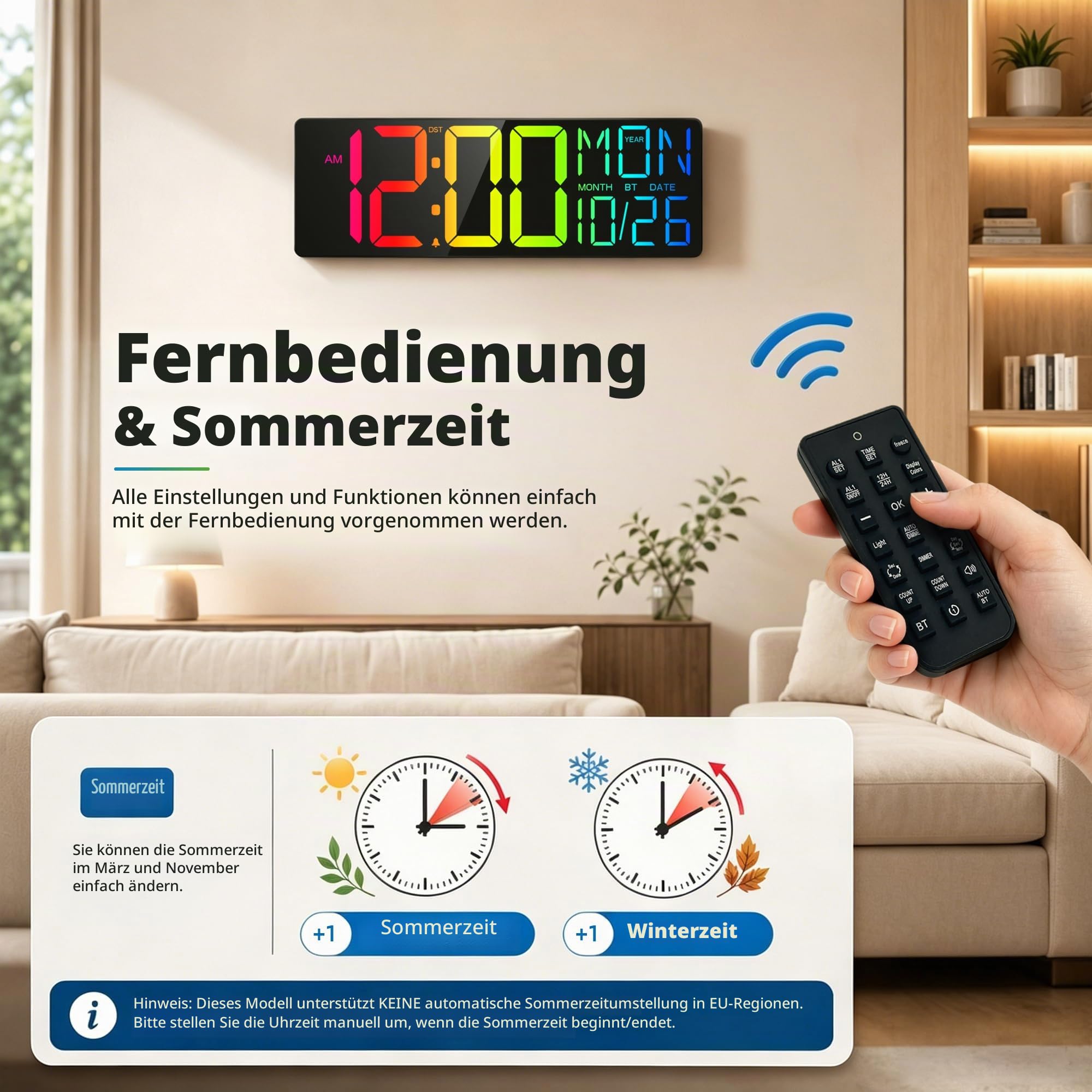Maxstar 18" Digitale Wanduhr mit Fernbedienung, Temperatur- und Datumsanzeige, Countdown-Timer, 12/24h Format, klare Großziffern, geeignet für Wohnzimmer, Küche, Schlafzimmer und Büro (schwarz)