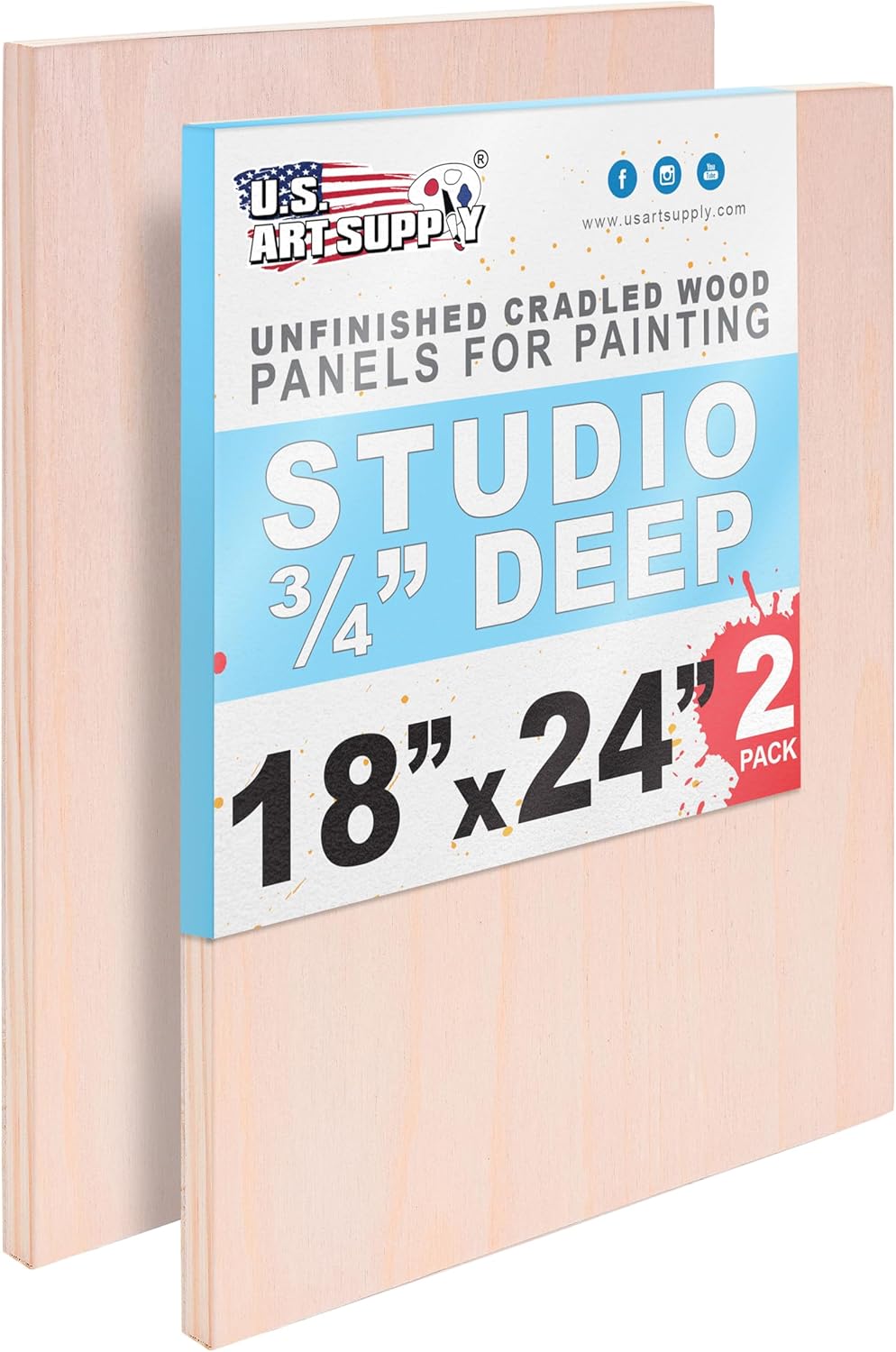 U.S. Art Supply 18" x 24" Unfinished Cradled Wood Panels for Painting, Studio 3/4" Deep (2 Pack) - Artist Depth Birch Wooden Wall Canvases - Mixed-Media Craft, Acrylic, Oil, Encaustic, Paint Pouring