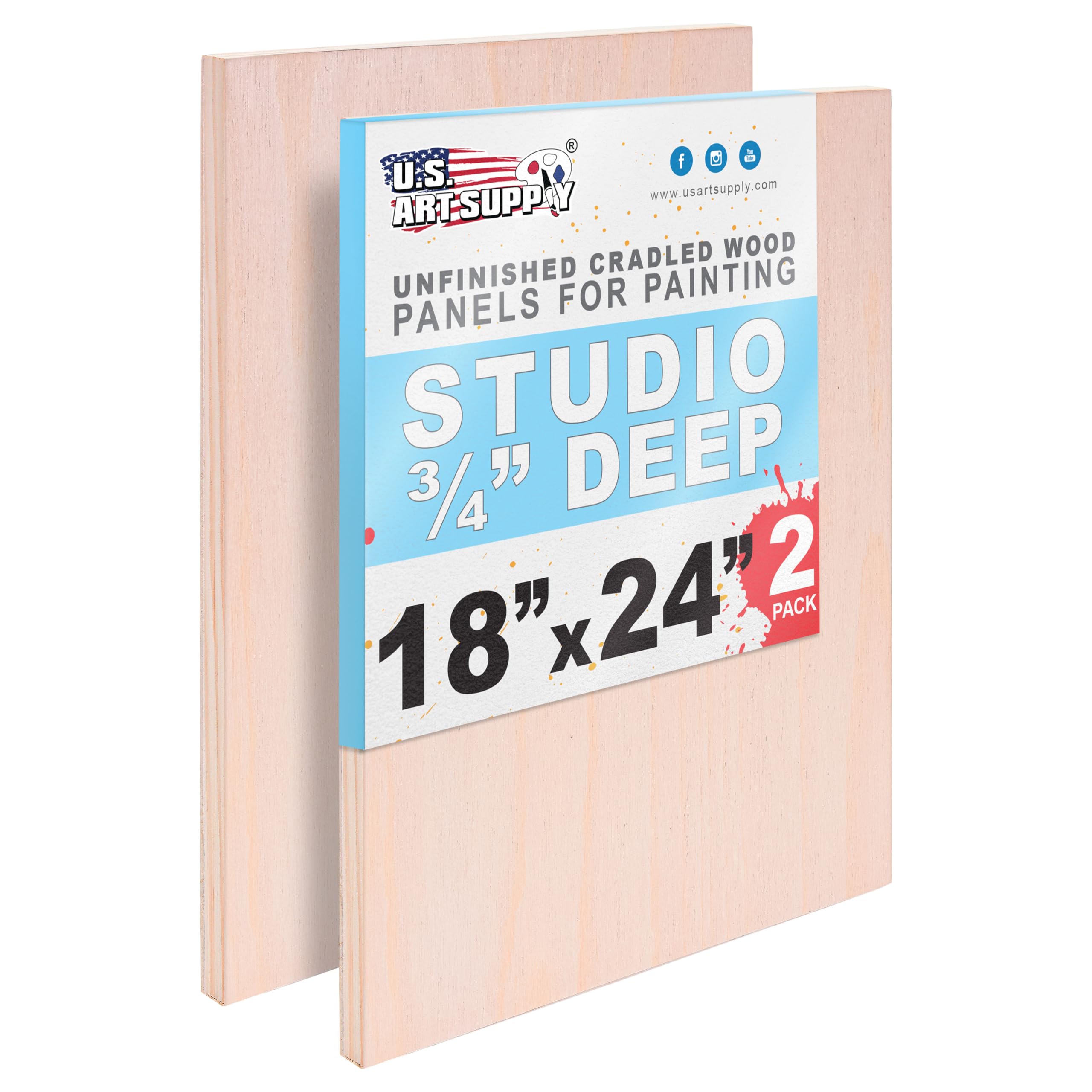 U.S. Art Supply Unfinished Cradled Wood Panels for Painting, 2 Pack of 18x24 inch - Studio Birch Wooden Canvas Boards 3/4" Deep - Mixed-Media Craft, Acrylic, Oil, Encaustic, Paint Pouring Panel Board