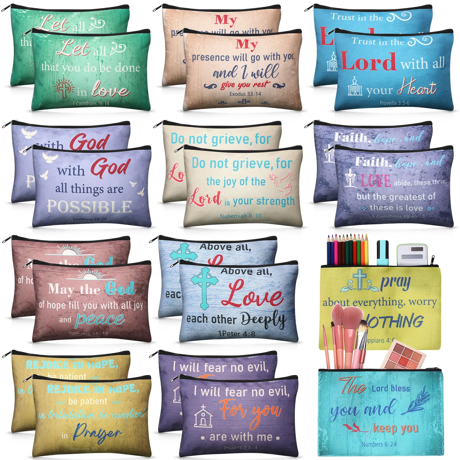 Qeeenar 24 Pcs Christian Makeup Bag Bible Cosmetic Bags Inspirational Bible Verse Toiletry Pouches Canvas Motivational Pouches with Zipper for Women