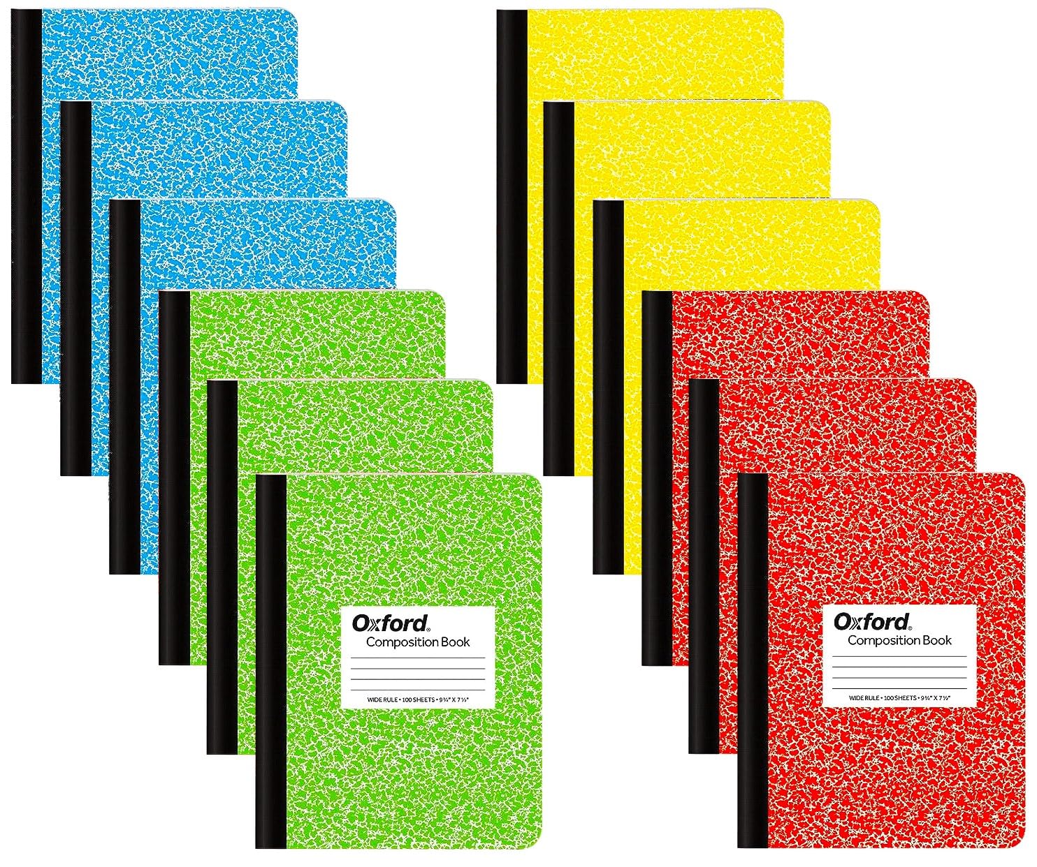 Oxford Composition Notebooks - Assorted Colored Marble Cover Wide Ruled Notebook - 9-3/4" X 7-1/2", Pack of 12 (100 sheets)
