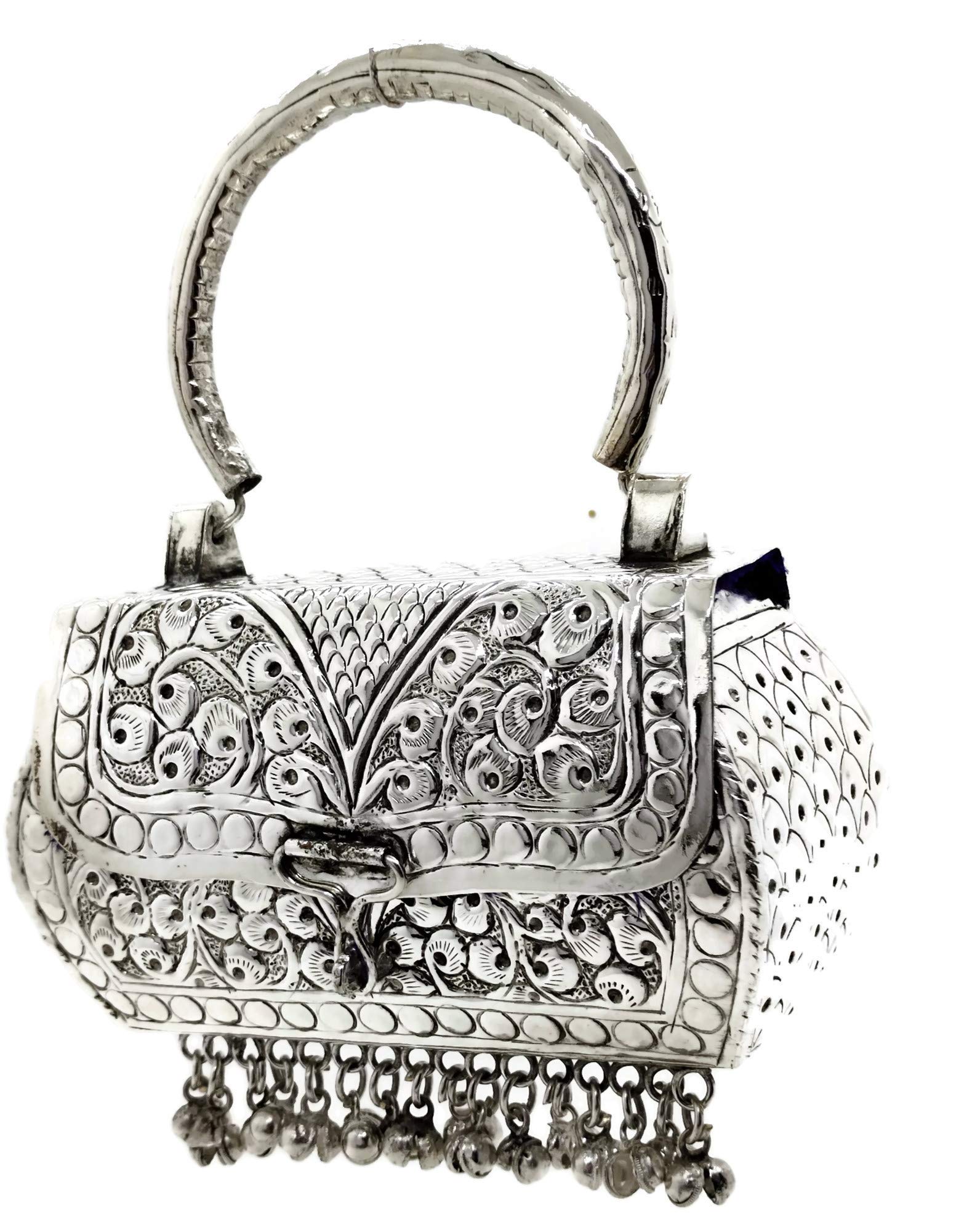 Trend Overseas Girls/Women Small Size Handle Clutch Brass metal bag Ethnic clutch (Silver) (B08X3R834B) Amazon Price History, Amazon Price Tracker