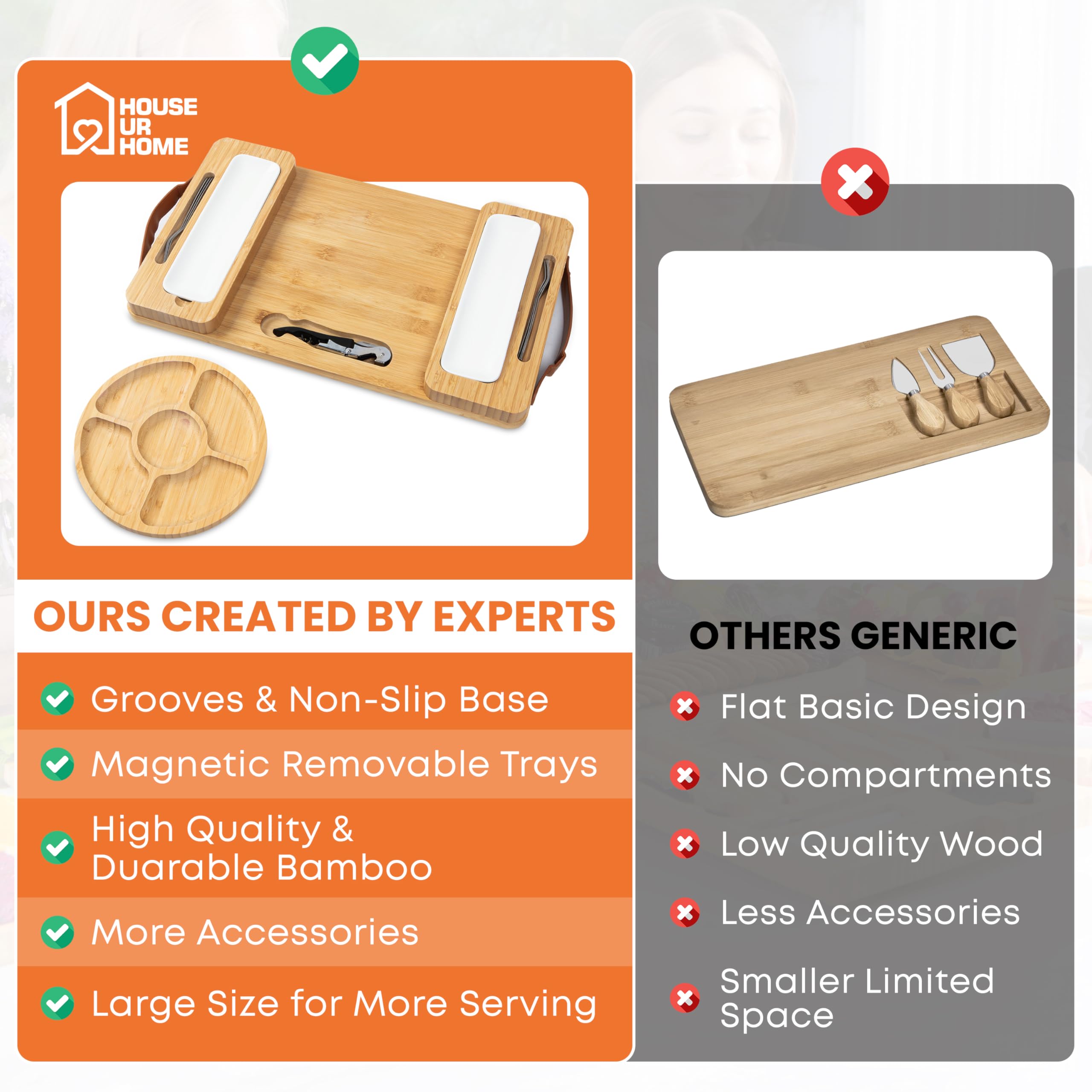 Juego de Regalo de Tablas de charcutería de bambú con bandejas Laterales magnéticas extraíbles, Bandeja de Frutas, Asas, Caja Lista para Cubiertos y Regalos de inauguración de la casa, Nuevo hogar