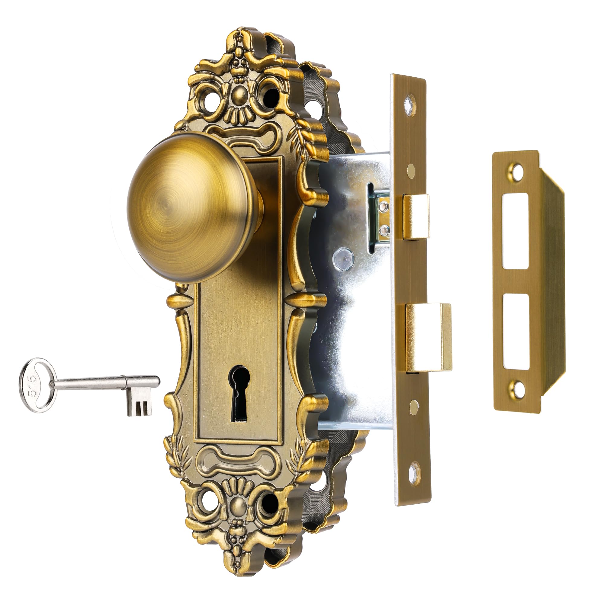 ToPToToo Vintage Mortise Door Knobs with Skeleton Key, Mortise Lock Set for Interior Door, Antique Old Style Door Knob Lock Replacement, Vintage Brass Finish