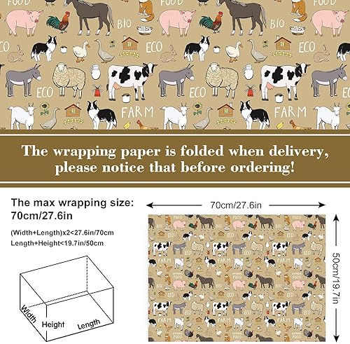 Miniatura 2 de AnyDesign - 12 hojas de papel de regalo con temática de animales de granja, papel de regalo plegado a granel, plano retro, caricatura, papel de