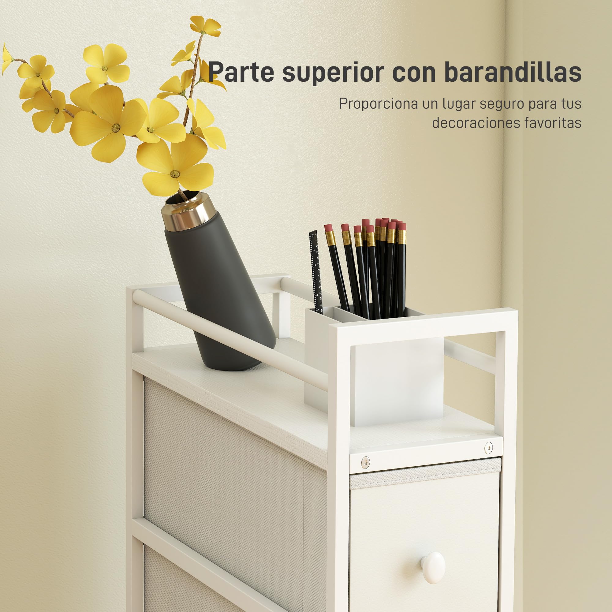 HOMCOM Cómoda con 4 Cajones de Tela, Cómoda para Dormitorio Estrecha con Marco de Acero, Cajonera para Espacios Pequeños, Sala de Estar, Vestidor, Baño, Blanco