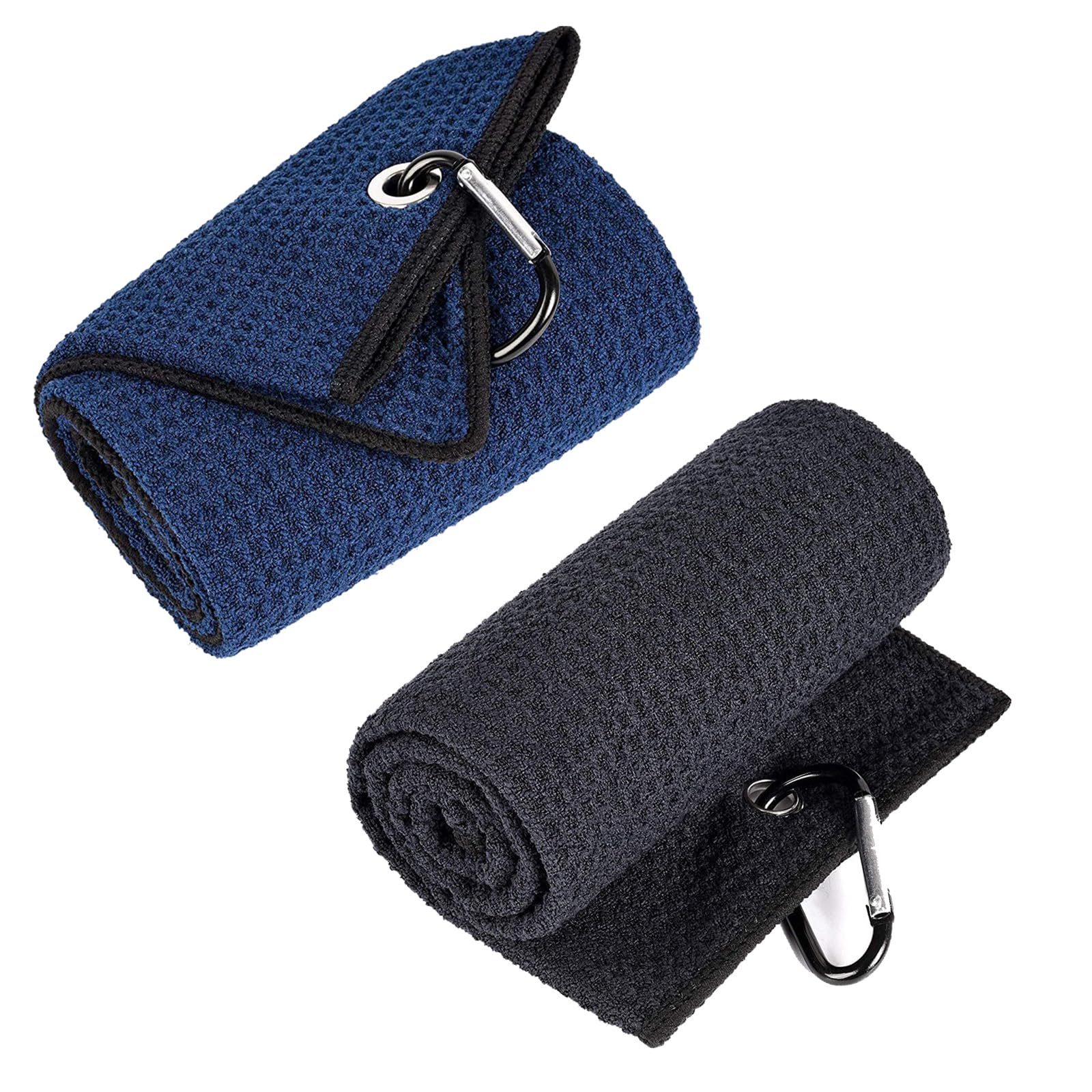Asciugamano da golf in microfibra, 2 pezzi con clip a moschettone, 30 x 30 cm, assorbente, motivo a nido d'ape, accessori da golf, panno per la pulizia, colore nero e blu navy per palline da