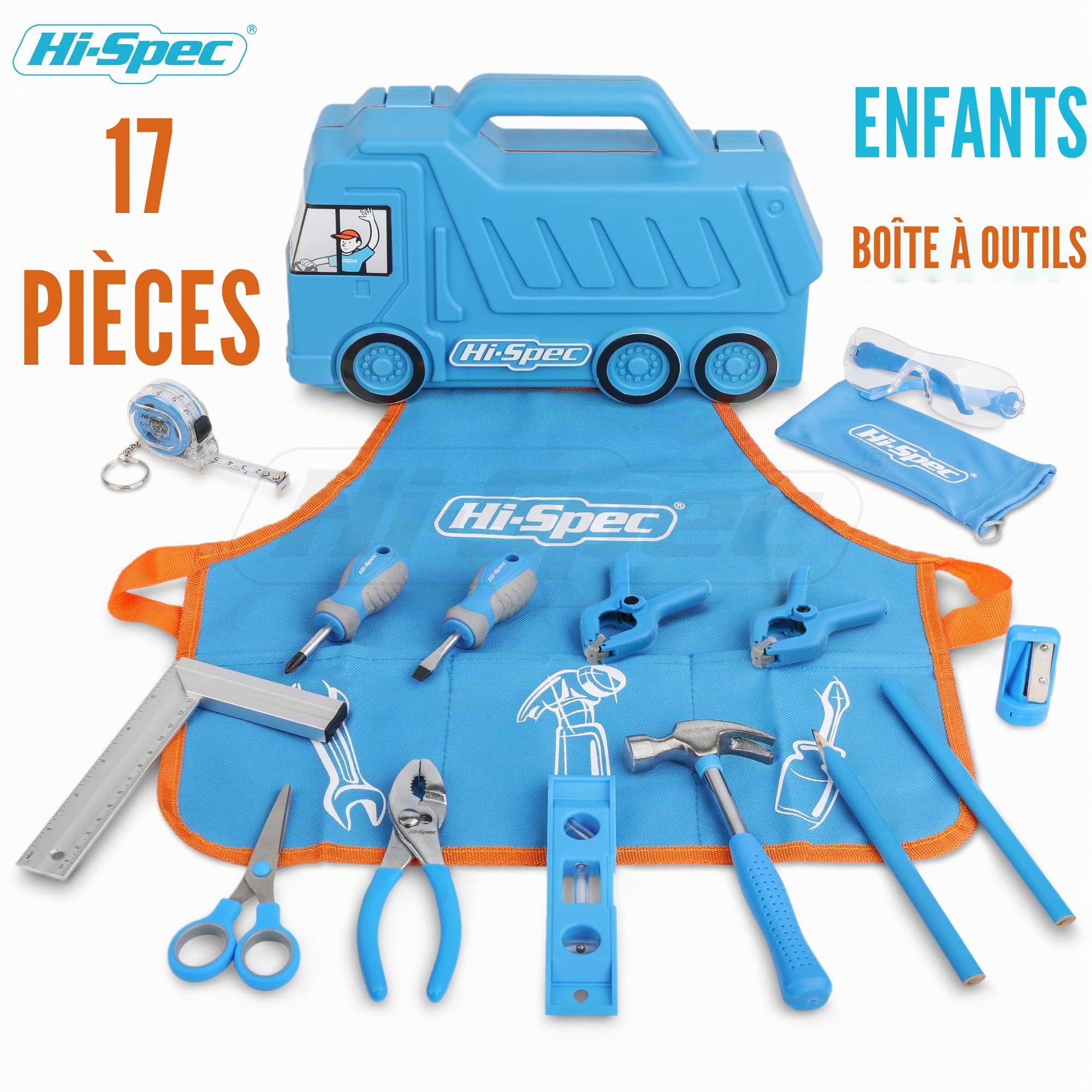 Hi-Spec Kit d'Outils Véritable pour Enfants 17 Pièces avec Mallette Camion Tablier Lunettes de Protection et Outils