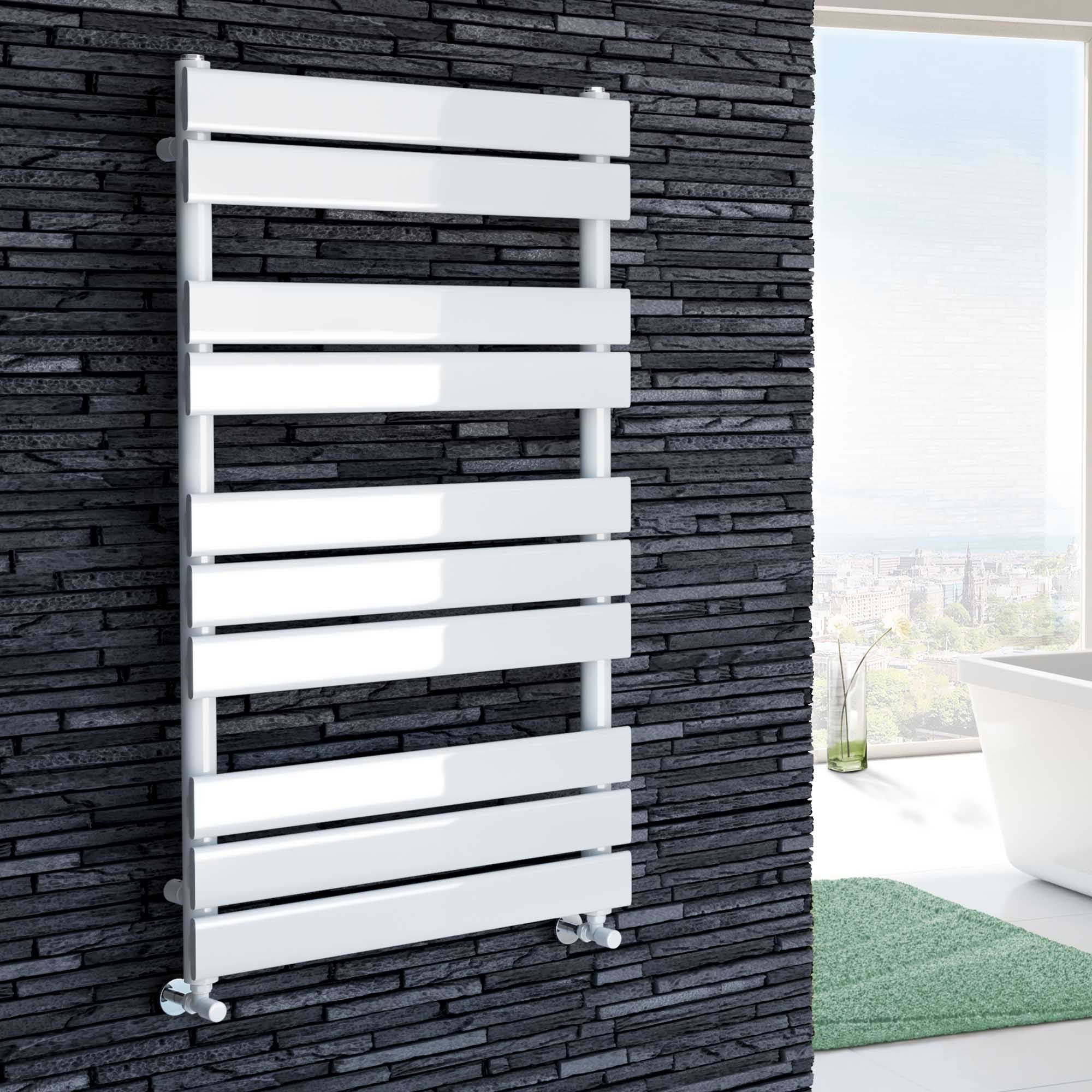 iBathUK Zerith Wall Mounted Flat Panel Heated Towel Rail, 10 Column Slim Flat Steel Hydronic Central Heating High Thermal Output Designer Bathroom Towel Radiator in Matt White, 1000 ร 600mm