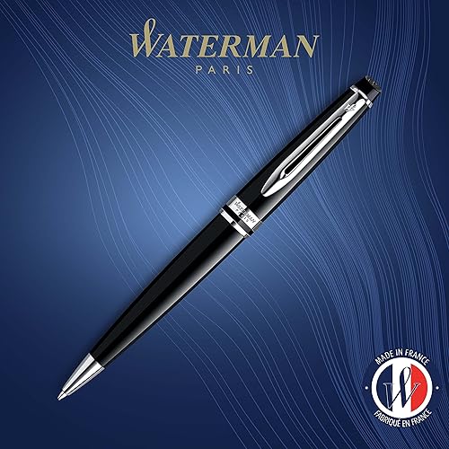 Miniatura 3 de Waterman Expert - Bolígrafo negro CT, punta media, bolígrafo hemisferio de tinta azul, acero inoxidable con borde cromado, punta media con cartucho