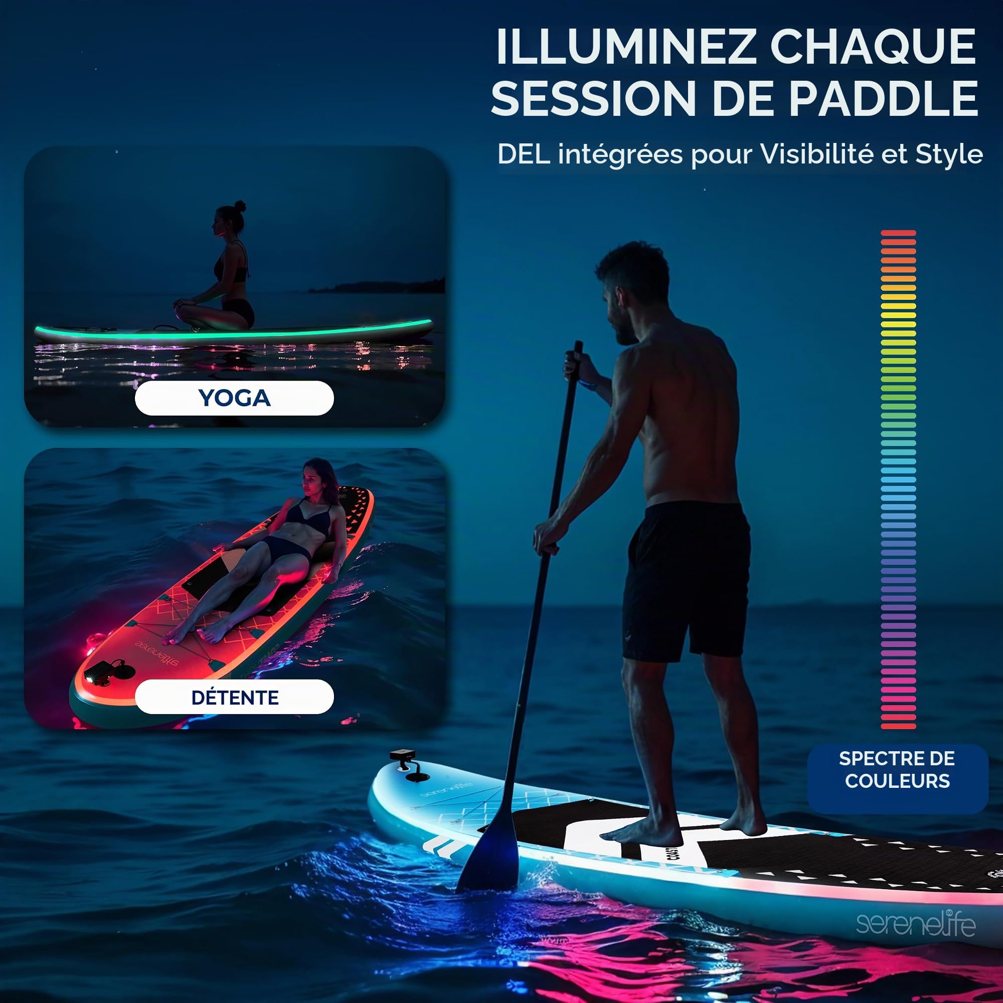 SereneLife Paddle Gonflable Adulte 305 x 81 cm – Stand Up Paddle Gonflable Stable et Antidérapant avec LED et Accessoires pour Lac et Rivière
