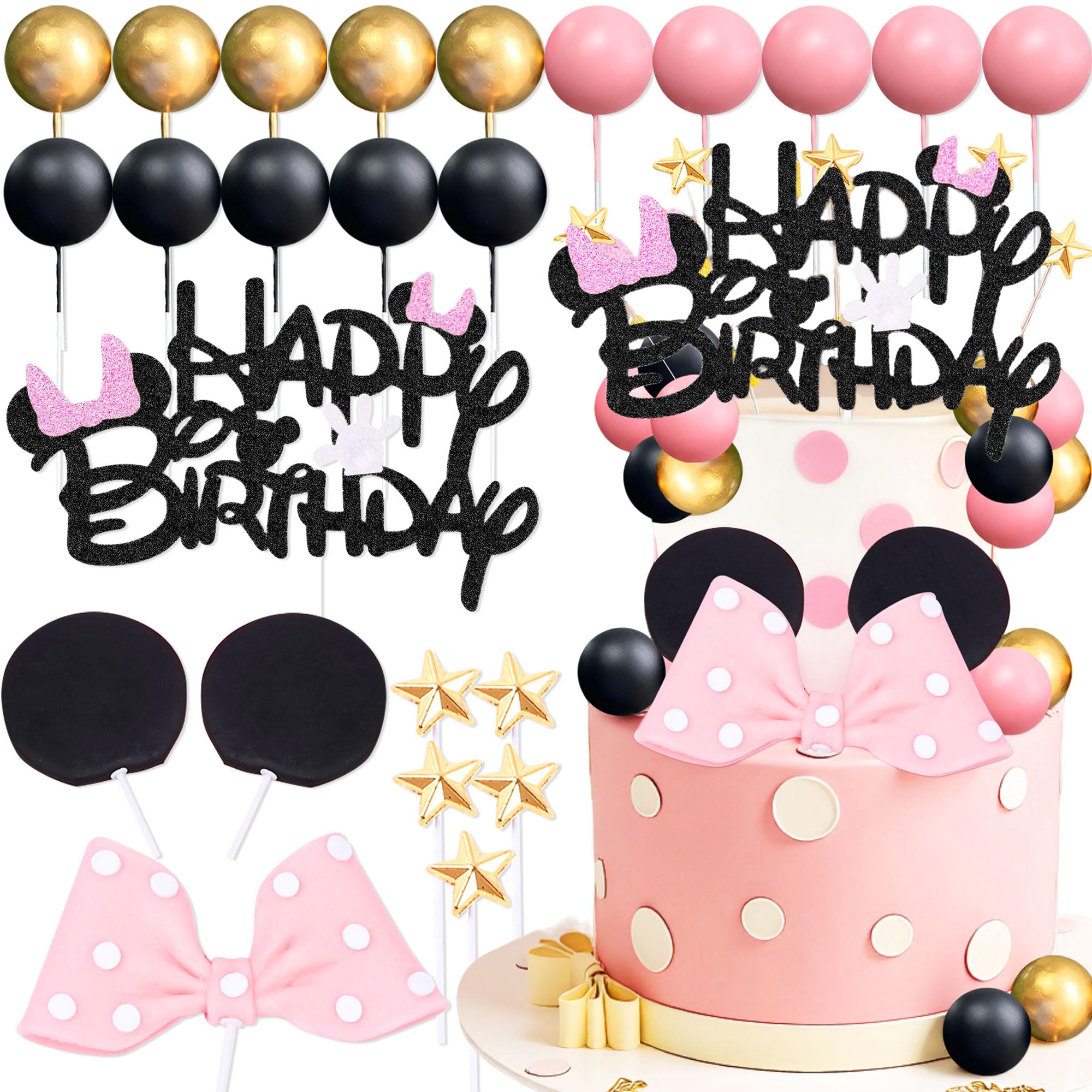 Mouse Cake Topper Pink Bow Ears Cake Decorations for Girl Birthday Baby Shower Party Supplies