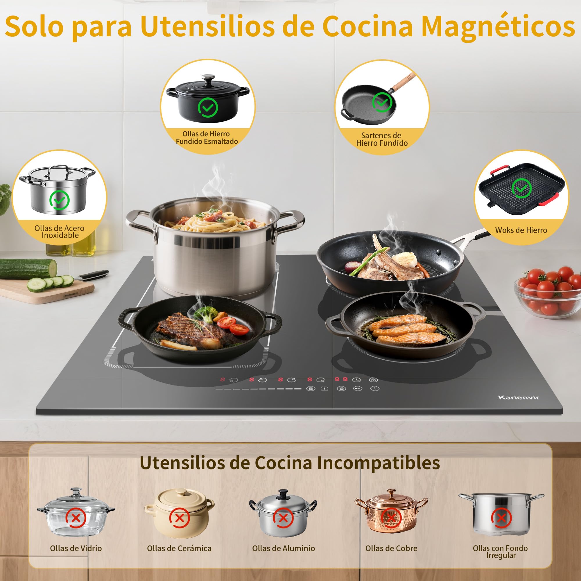 Placa Induccion 4 Fuegos 60cm, Placa de Inducción Integrada con Flexibles | Función Boost, 9 Niveles de Potencia, Temporizador, Bloqueo de Seguridad, 3500W