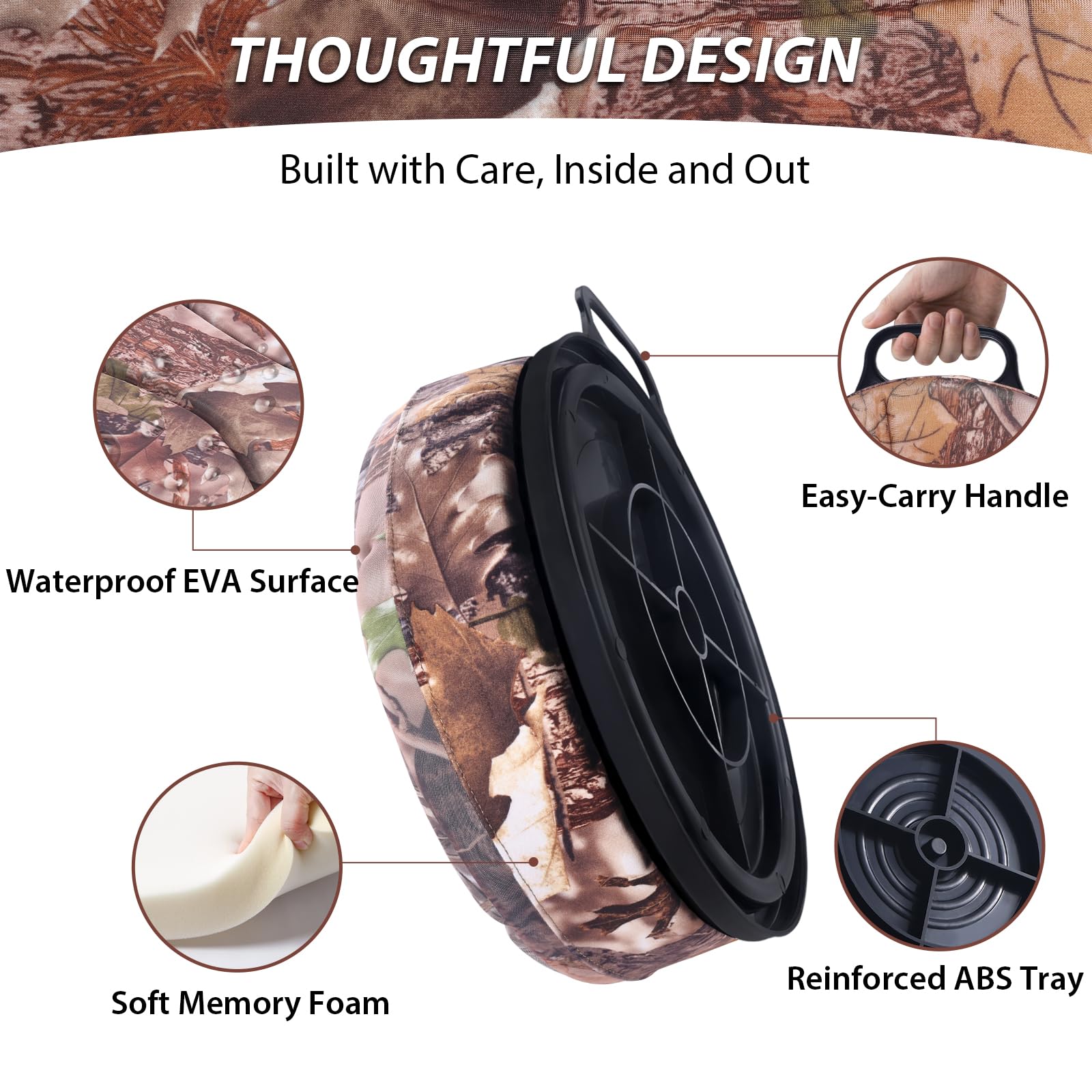 Schalensitz mit 7,6 cm dickem Schaumstoffkissen, 360° drehbarer Eimerdeckelsitz, wasserdicht und geräuschlos, für Taubenjagd, Eisfischen, Baseball, Gartenarbeit und Camping
