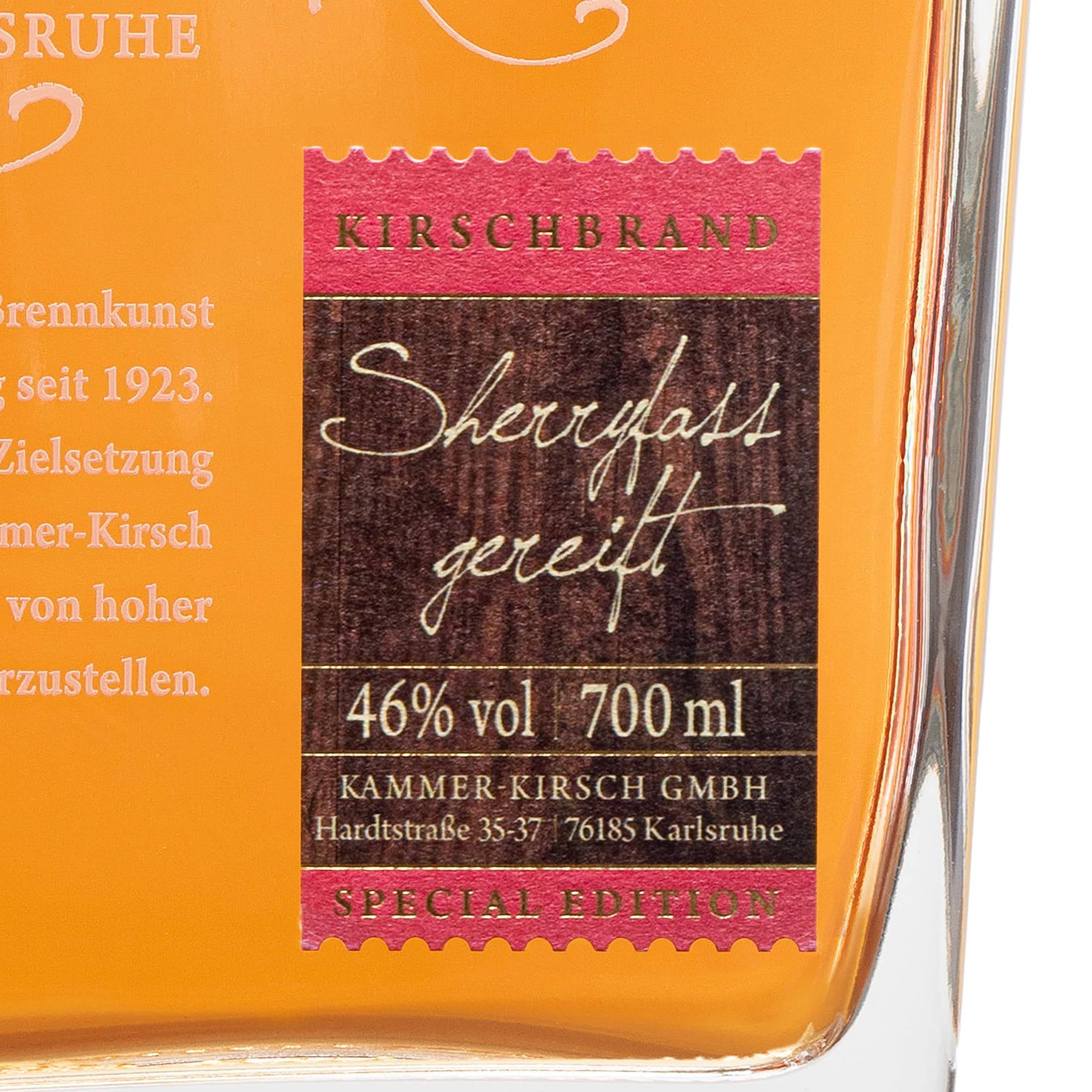 KIRSCHBRAND IM SHERRYFASS GEREIFT - GOURMET Kammer-Kirsch 46% Vol 0,7L