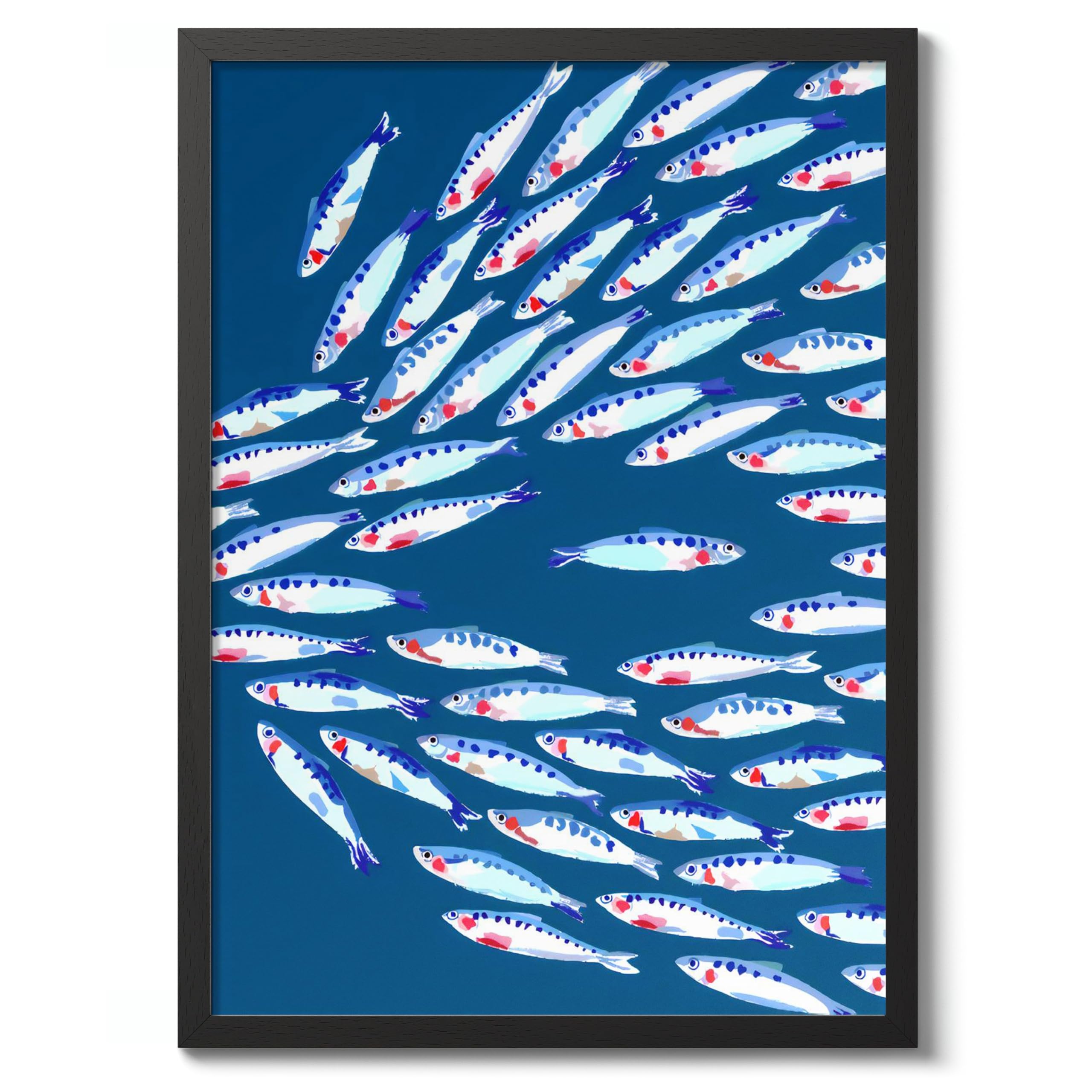 Swimming Against The Shoal Nautical Exhibition Art Print, Vintage Botanical Prints, Retro Sealife Oceanography Illustration Wall Art, Nature Bathroom Home Decor, A5 (Black Frame) - 24.1x17.9cm