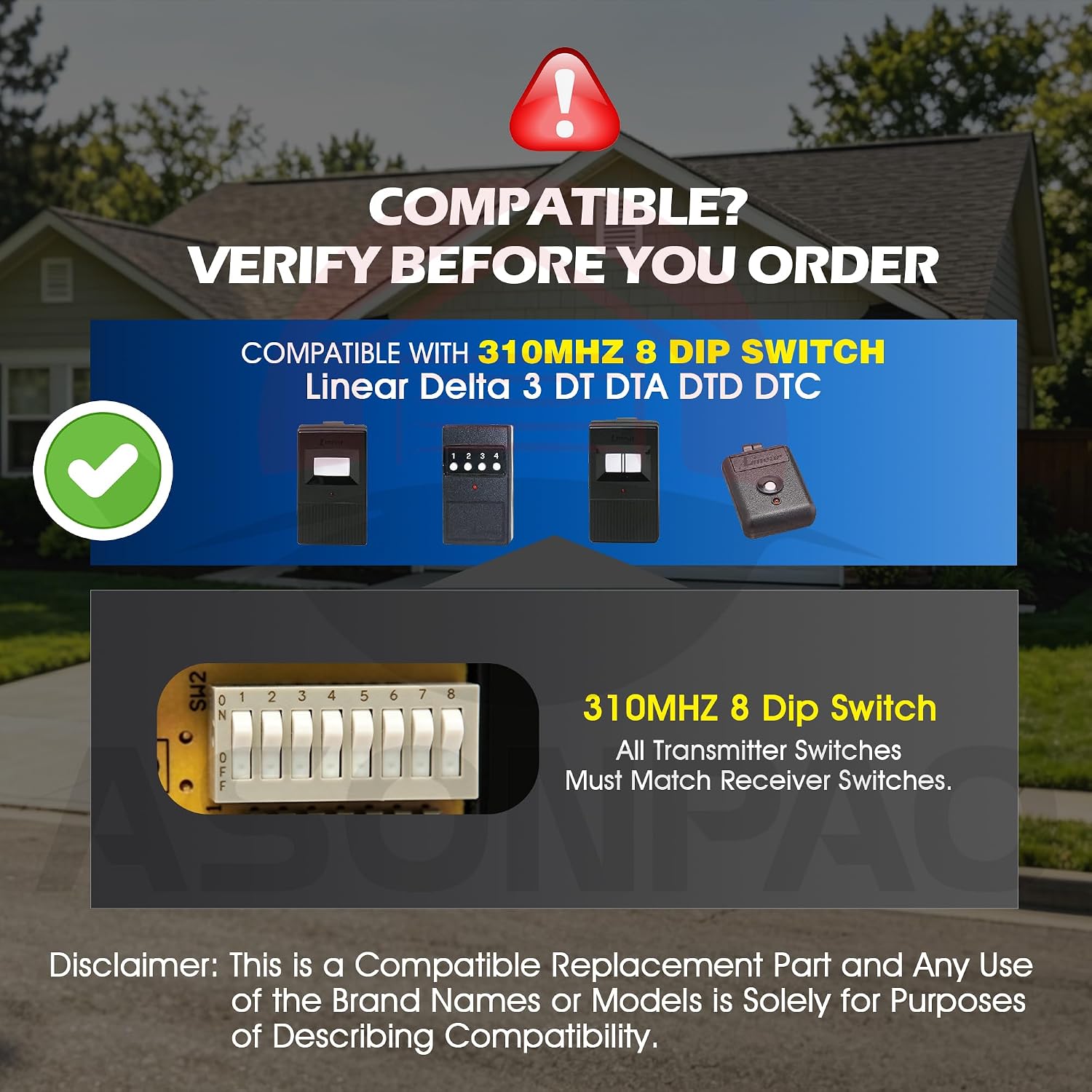 1-Pack 8 Dip Switch Linear DTC Delta 3 Gate Garage Door Remote 310MHZ image 2