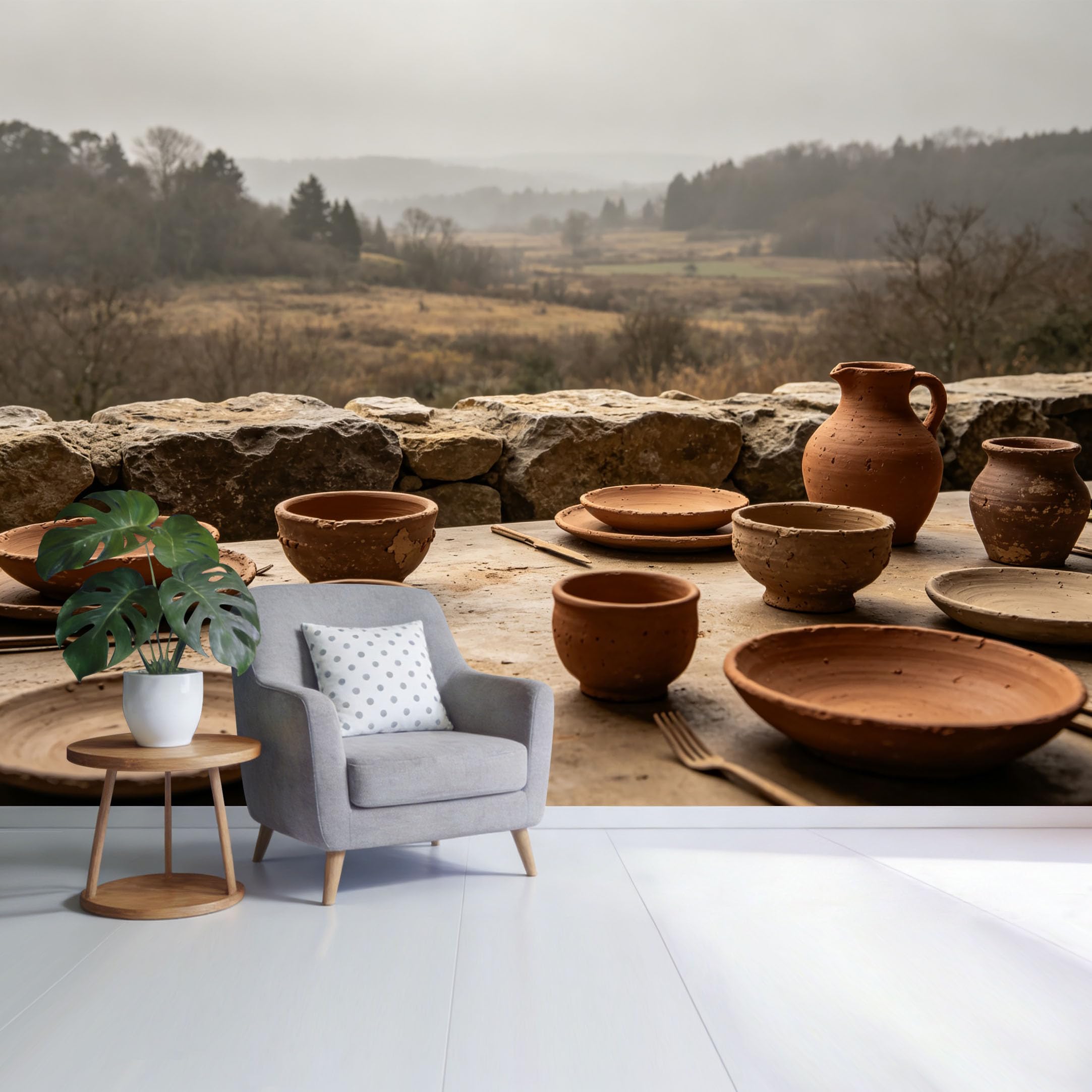 Custom Size Wall Mural Rustic Farmhouse Pottery Table Landscape Countryside View Natural Earth Tones SelfAdhesive Wall Fabric Removable Wallpaper for Home Office Decor