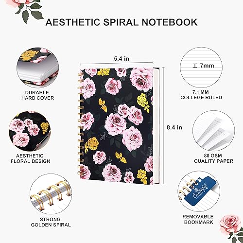 Miniatura 5 de CAGIE Paquete de 2 cuadernos en espiral con rayas universitarias, cuadernos estéticos de tapa dura en espiral, cuaderno pequeño A5 para mujeres,