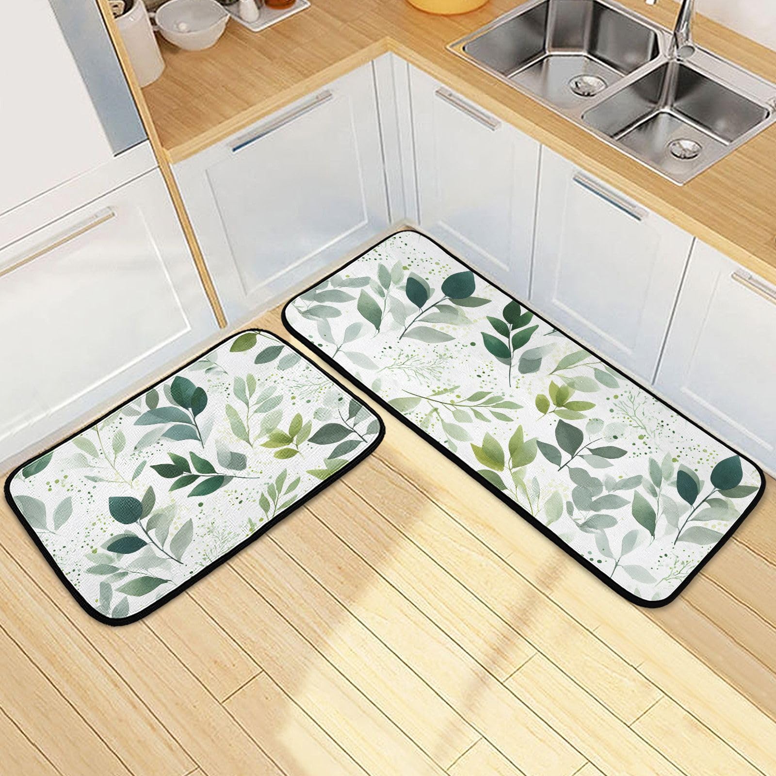 Eucalyptus Green Leaves Plant Kitchen Rugs and Mats 2 Pieces Anti Fatigue Kitchen Mat Set Non Slip Bath Mat Entry Floor Carpet Door Mat Runner 20"x28"