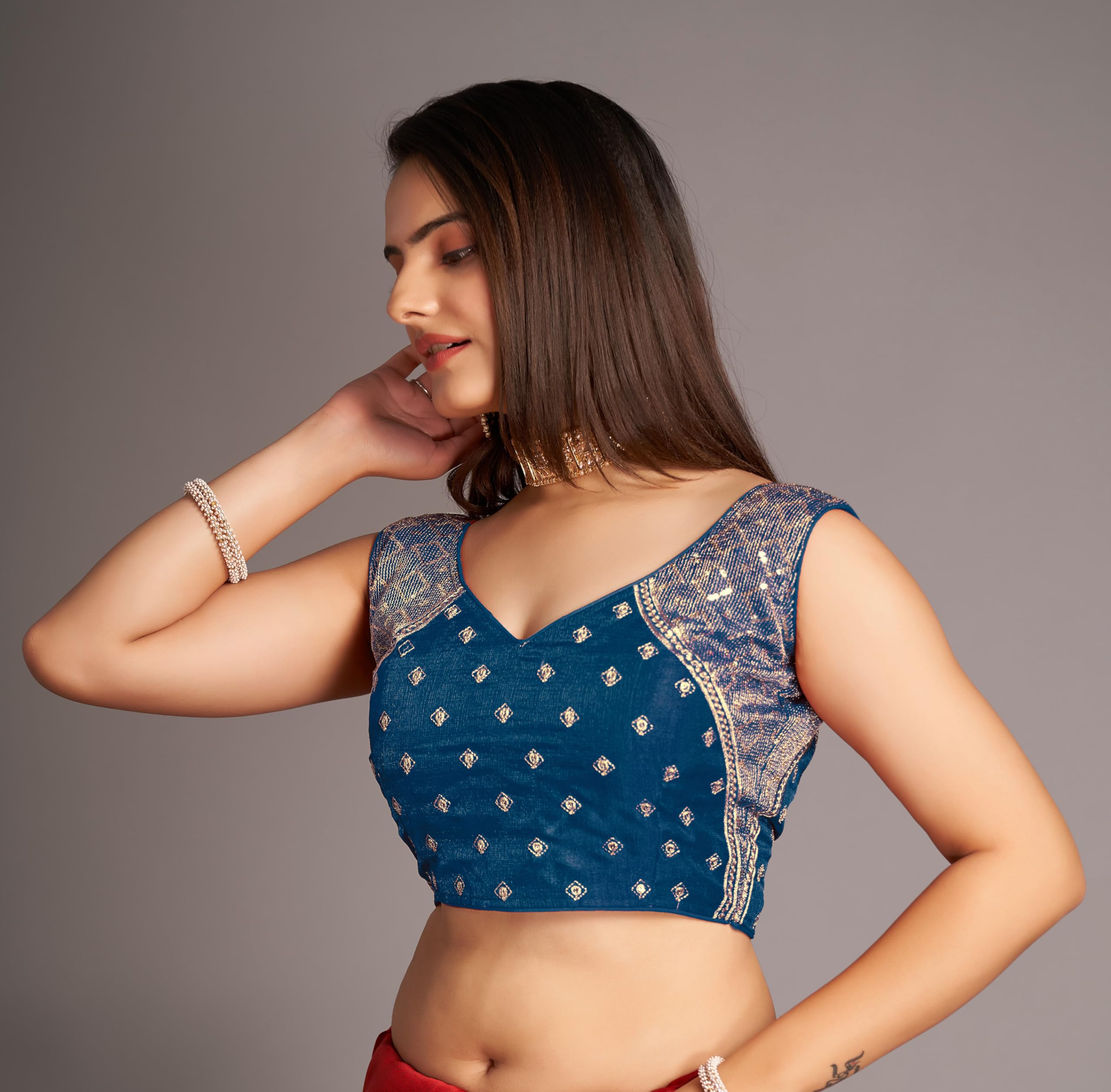 Pujia Mills Women's Sequin Embroidered V Neck Sleeveless Morpeach Readymade Saree Blouse Indian Ethnic Stitched Padded Blouses For Women