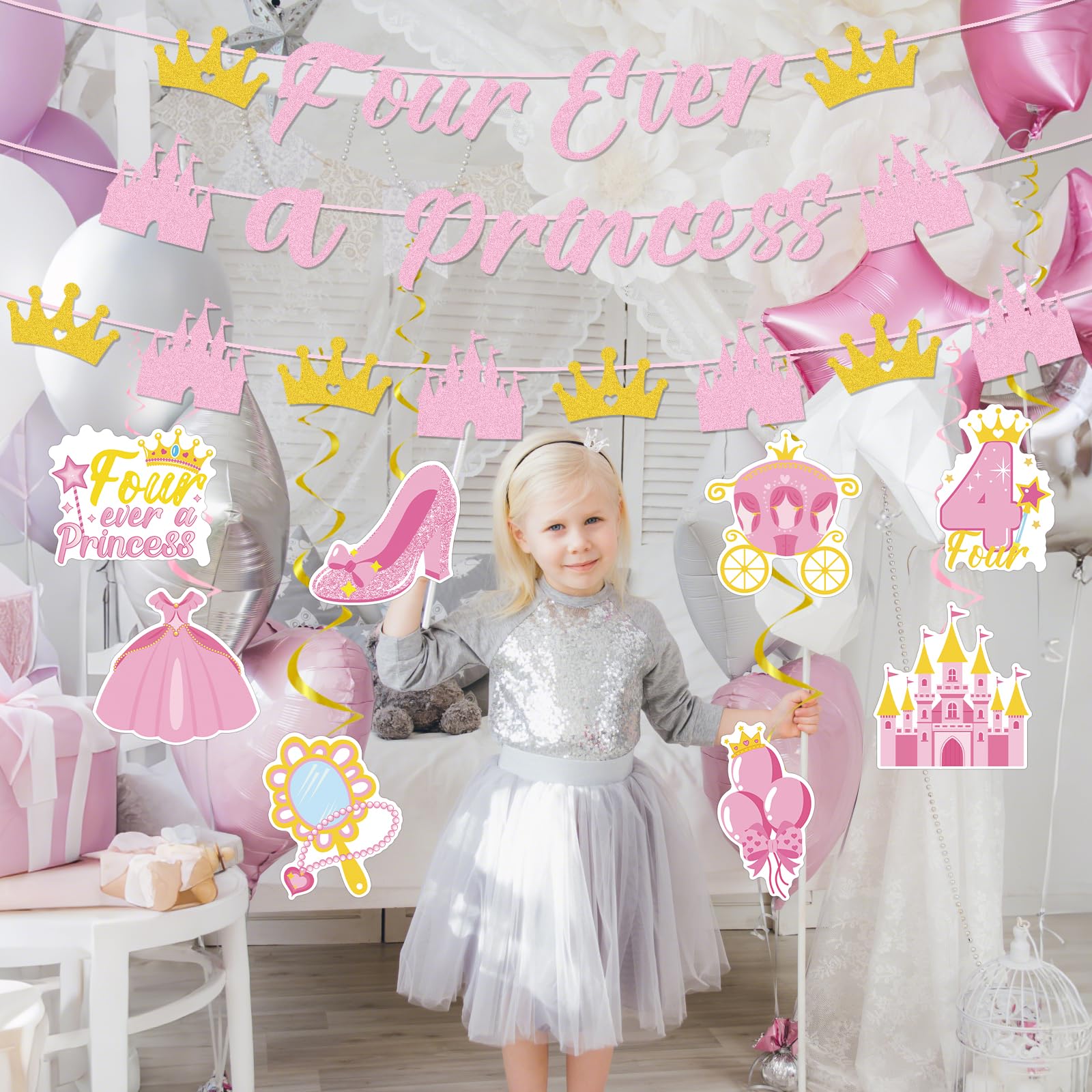 Four Ever A Princess Banner Compleanno Principessa – Decorazione Per Festa Di 4 Anni – Striscione Con Carrozza E Corona – Forniture Festa Bimba