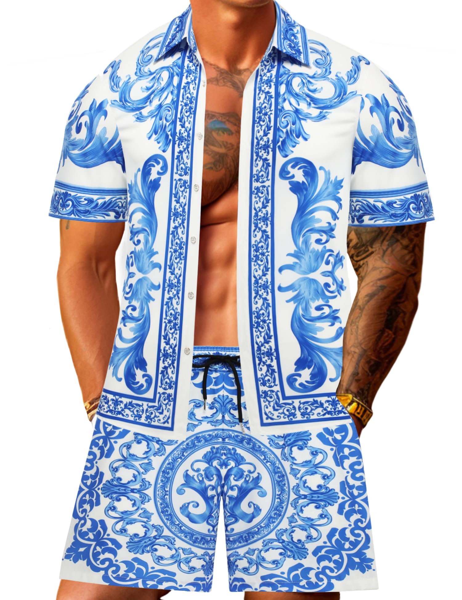 Men Hawaiian Shirt Sets Casual Button Down Shirts 2 Piece Luxury Summer Beach Outfits